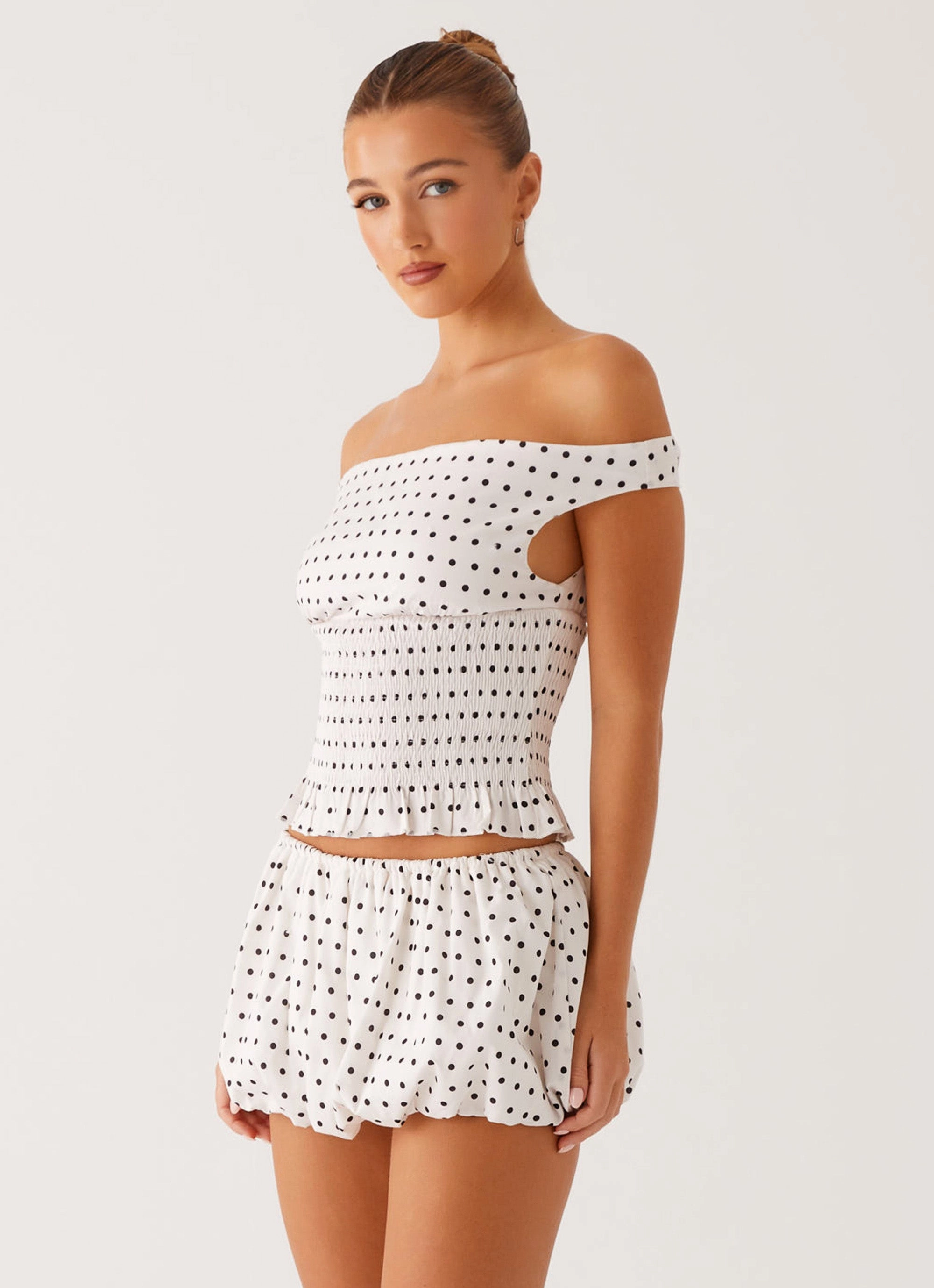 Heather Off Shoulder Top - White Black Polka Dot Draped Layer
