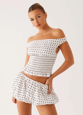 Heather Off Shoulder Top - White Black Polka Dot Everyday Layers