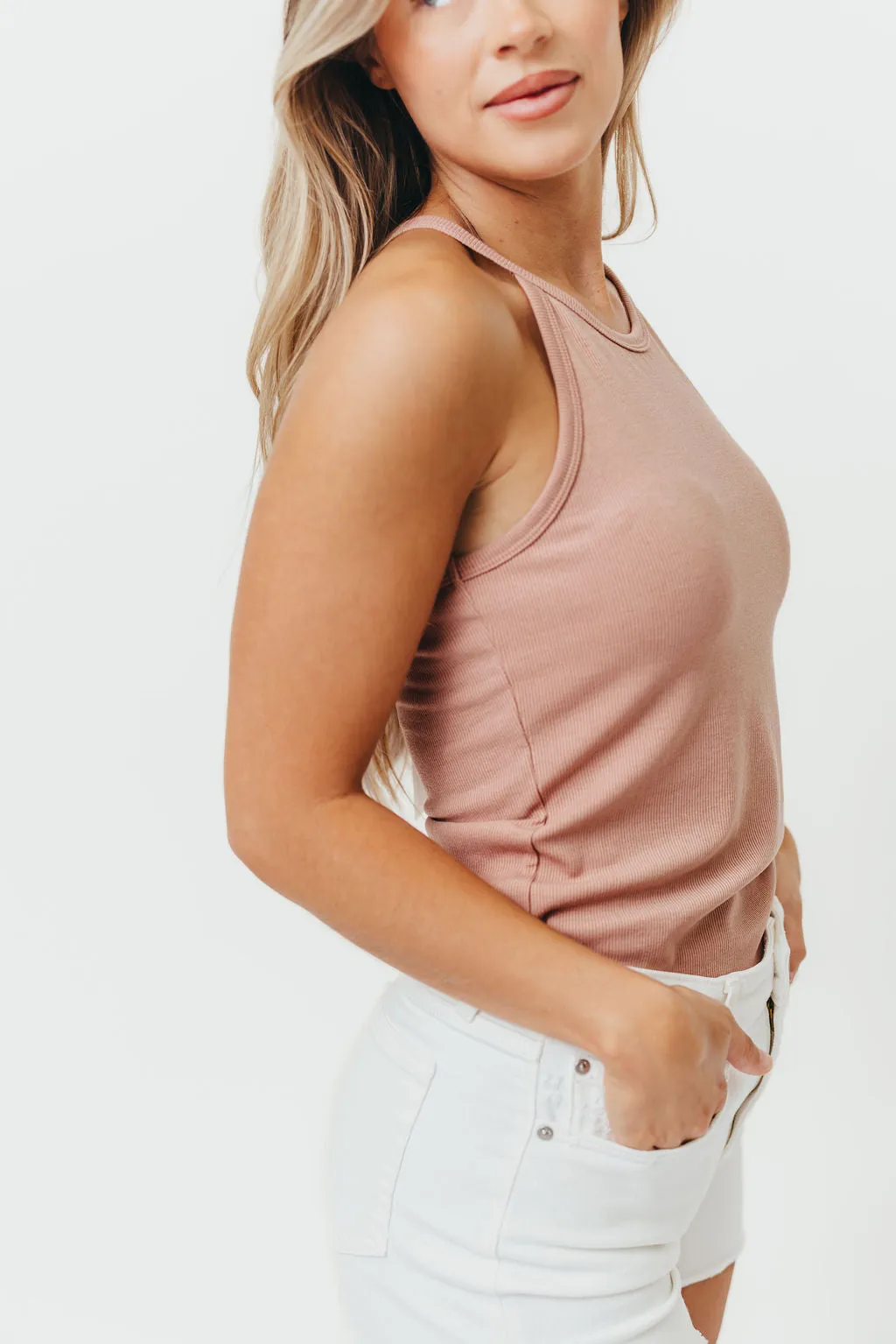 Daily Layered Kenni Ribbed Knit Fitted Tank Top with Rounded Hem in Ginger *Final-Sale*