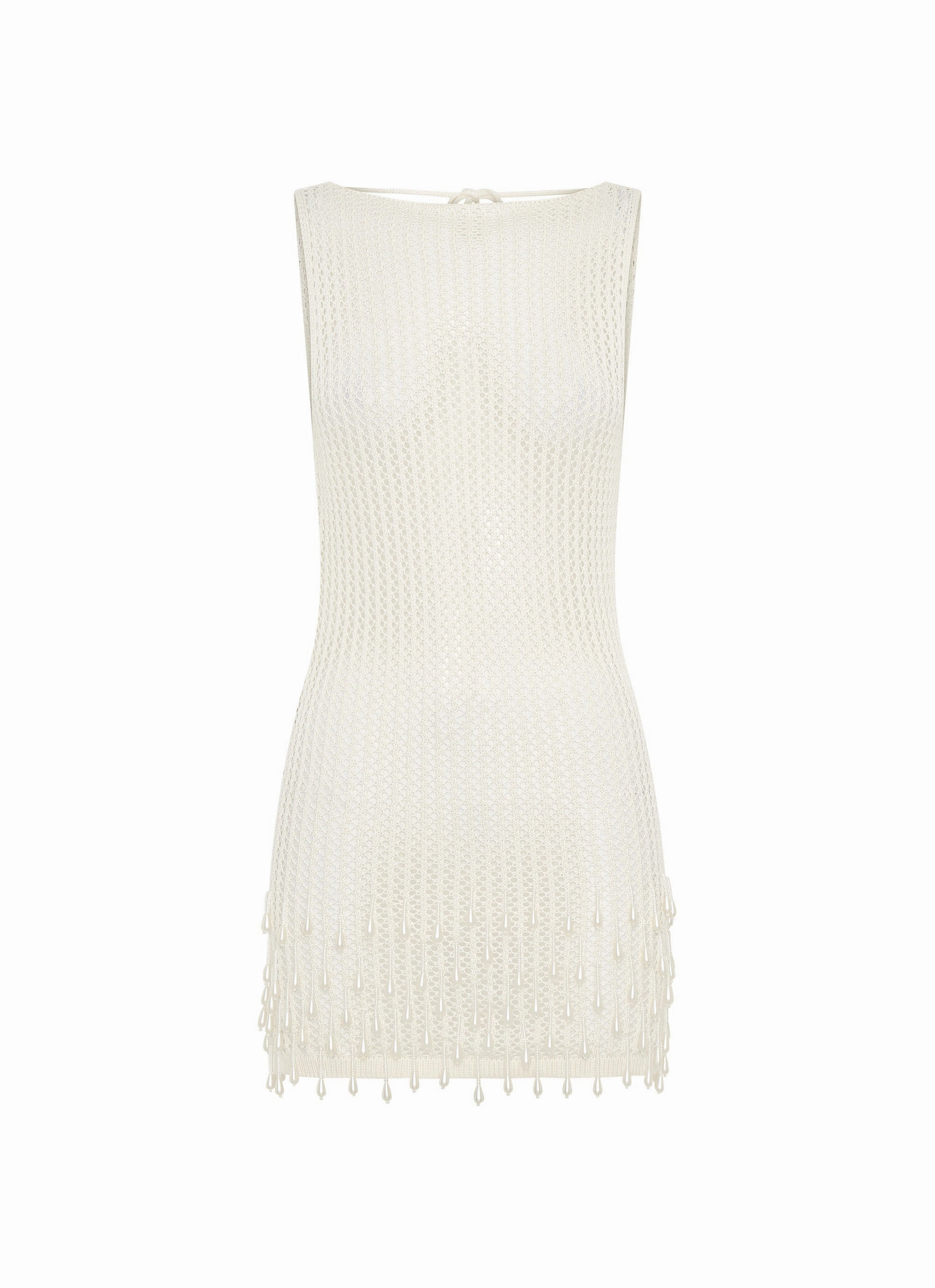 Elastic-Cuff Wrap style Miracle Beaded Crochet Mini Dress - Ivory