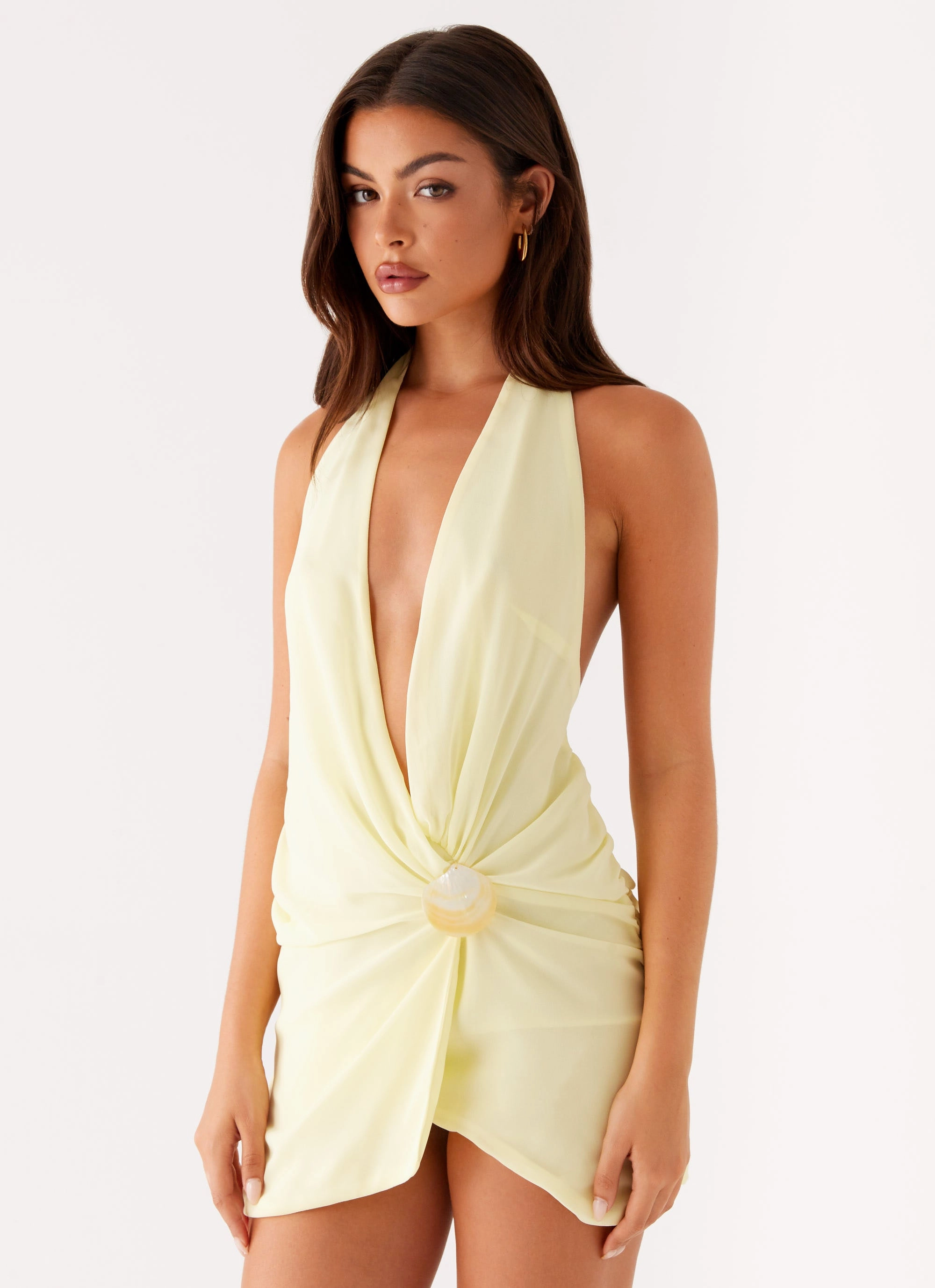Relaxed and Elegant One Piece Look Eleanora Plunge Mini Dress - Yellow