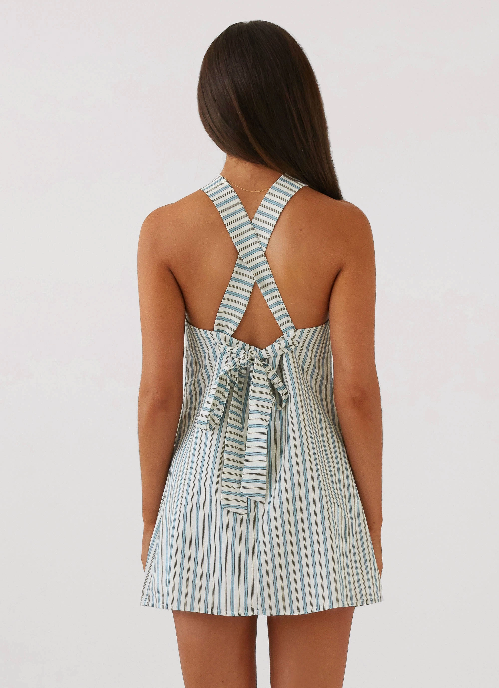 Keira Linen Mini Dress - Blue Choc Stripe Loose Fit Low-Waist