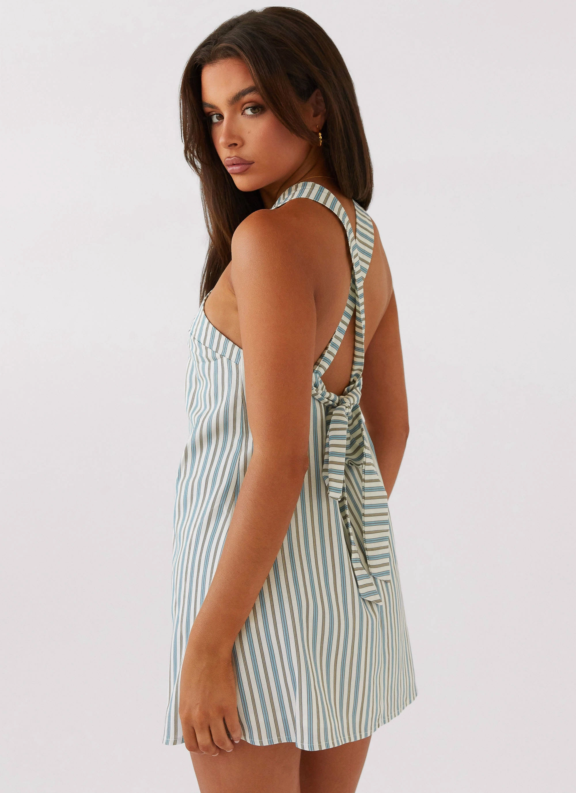 Keira Linen Mini Dress - Blue Choc Stripe Effortless Comfort Drawstring-Waist