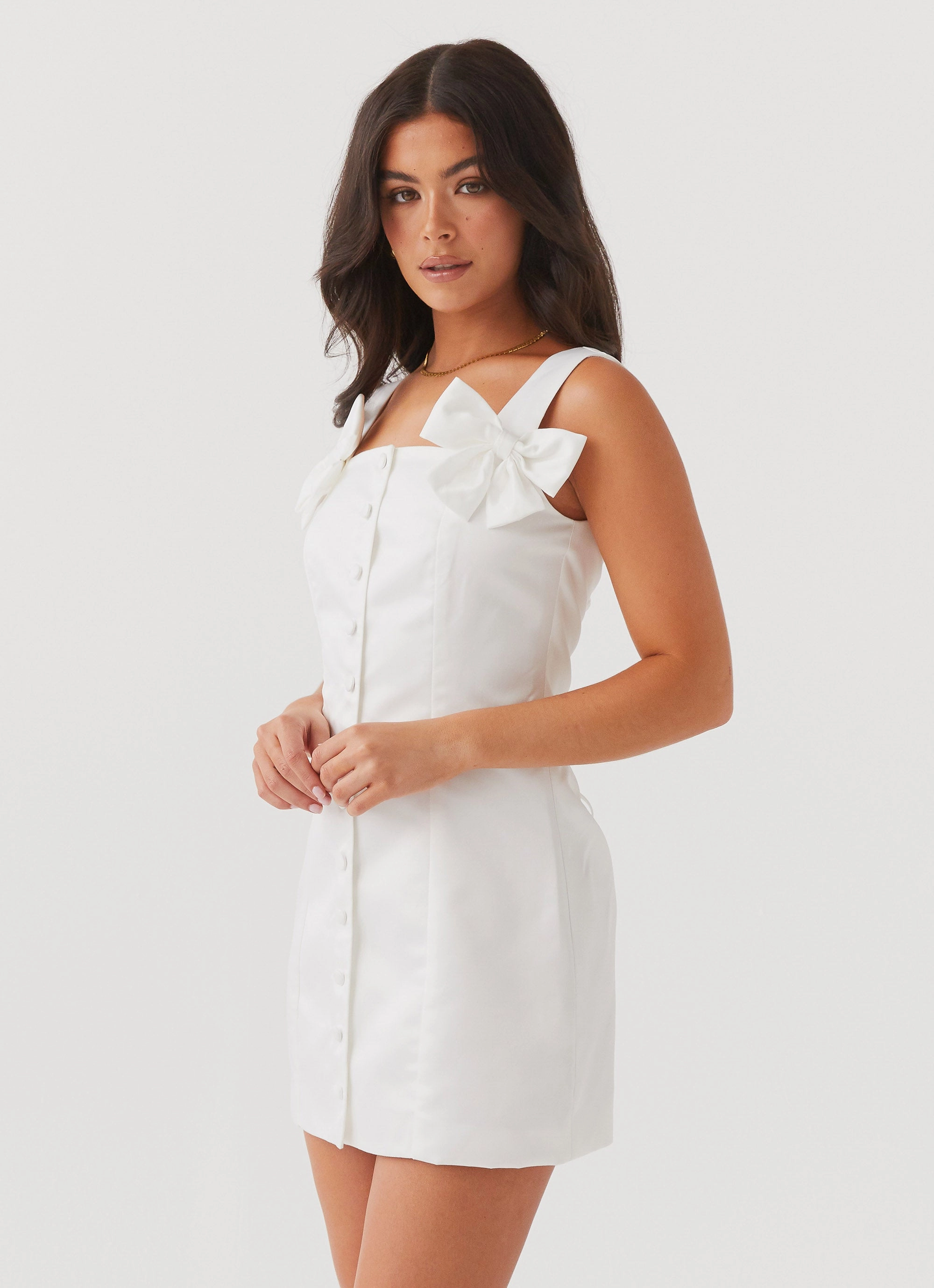 Brielle Bow Satin Mini Dress - White Sheer Layer Clean Comfort