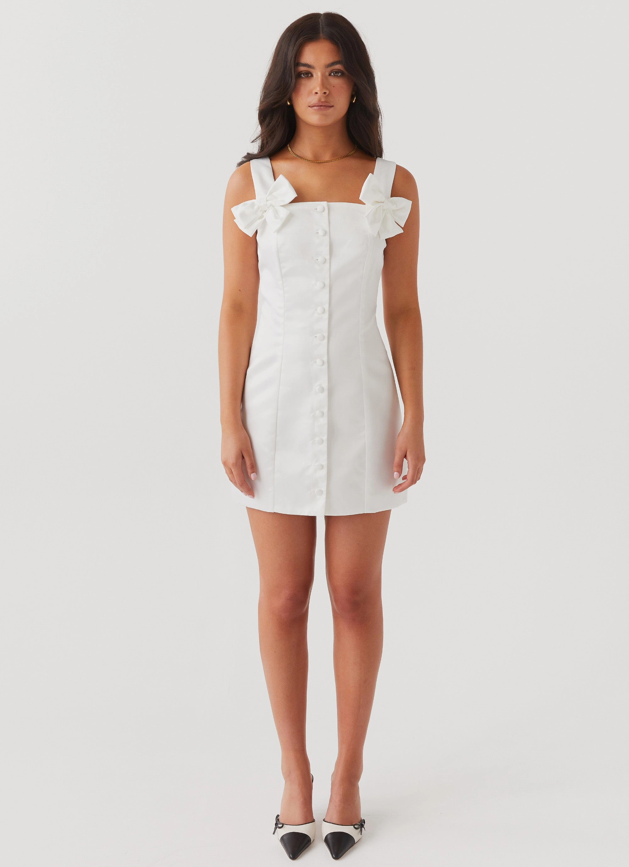 Brielle Bow Satin Mini Dress - White Chic Balance Minimal Details