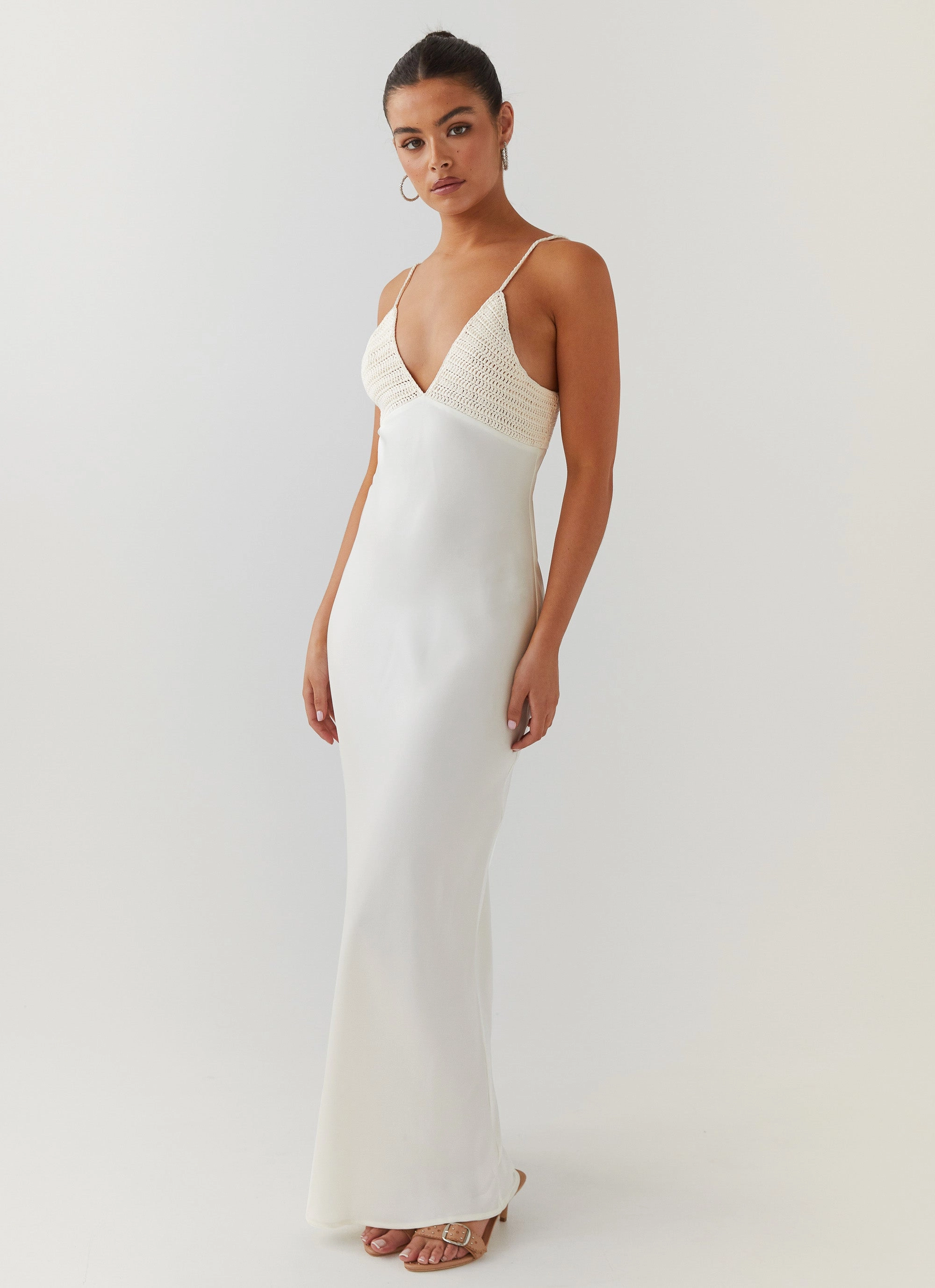 Perfect World Satin Maxi Dress - Pearl Dove Front Detail Elegant Finish