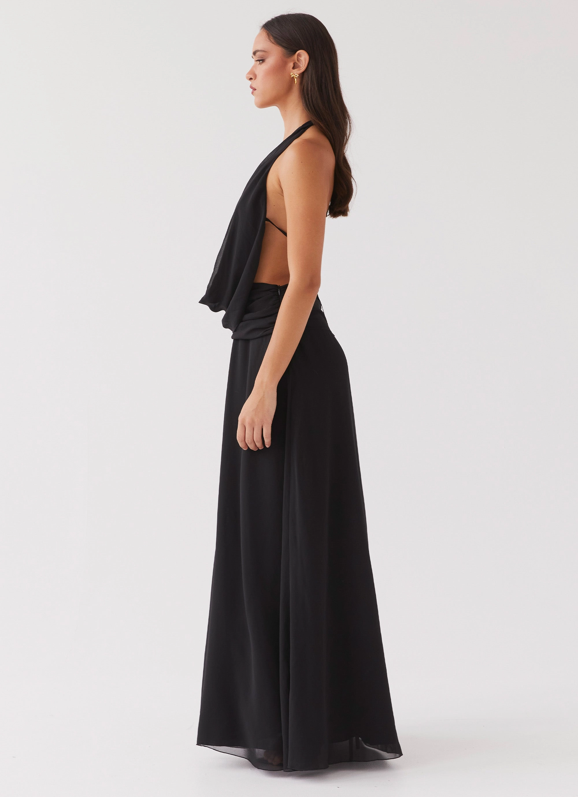 Elysia Chiffon Maxi Dress - Black Fringe-Detail