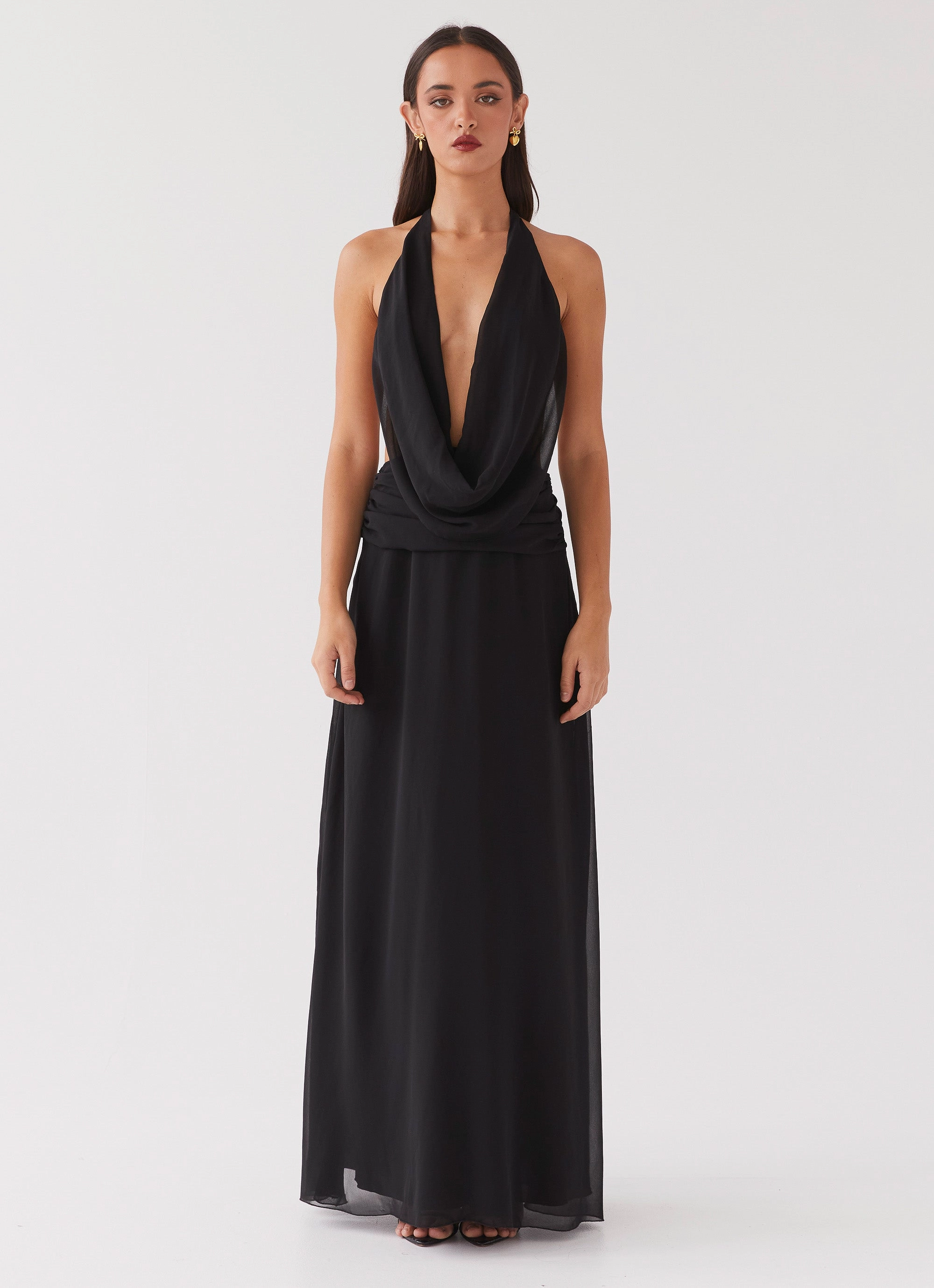 Playful-Detail Removable-Straps Elysia Chiffon Maxi Dress - Black