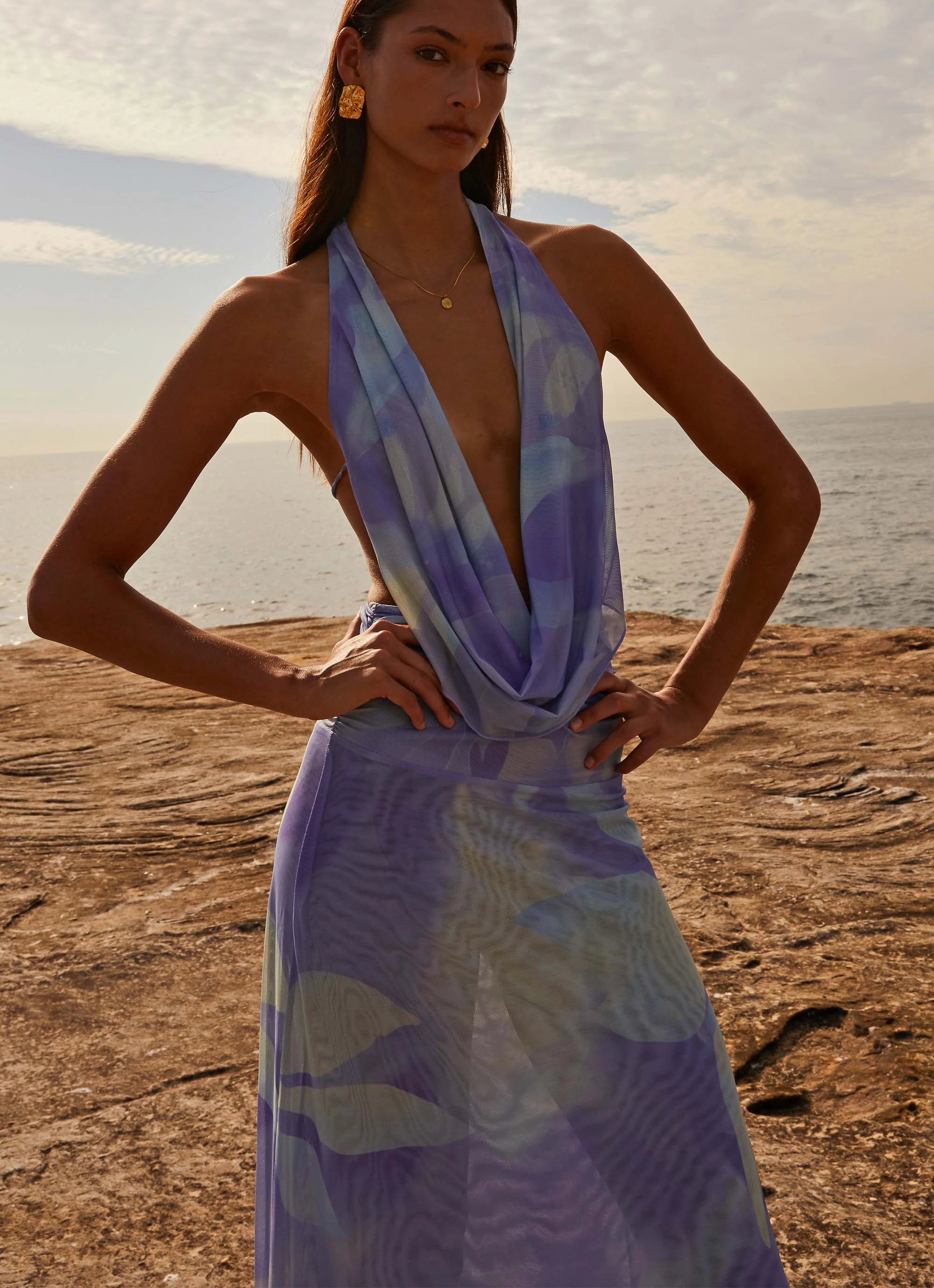 Flap-Detail Zip-Closure Elysia Mesh Maxi Dress - Purple Rain