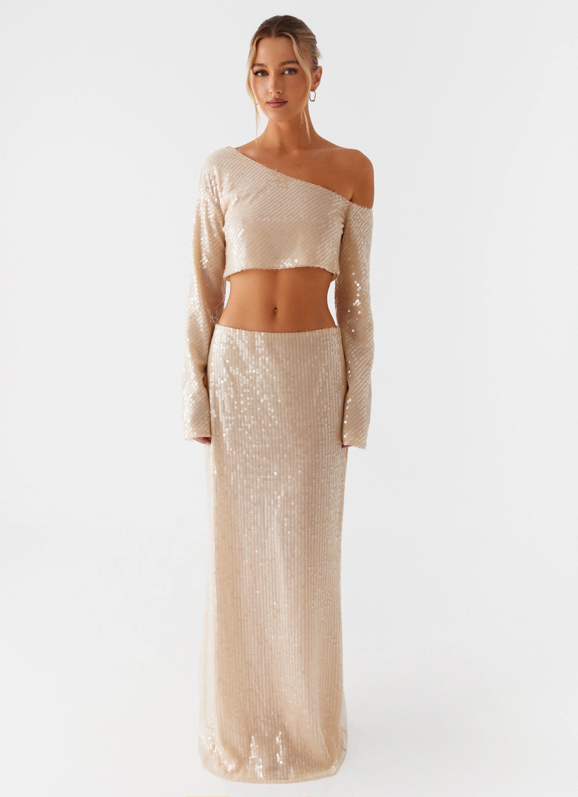 Texture Softness Wisteria Low Rise Sequin Maxi Skirt - Champagne