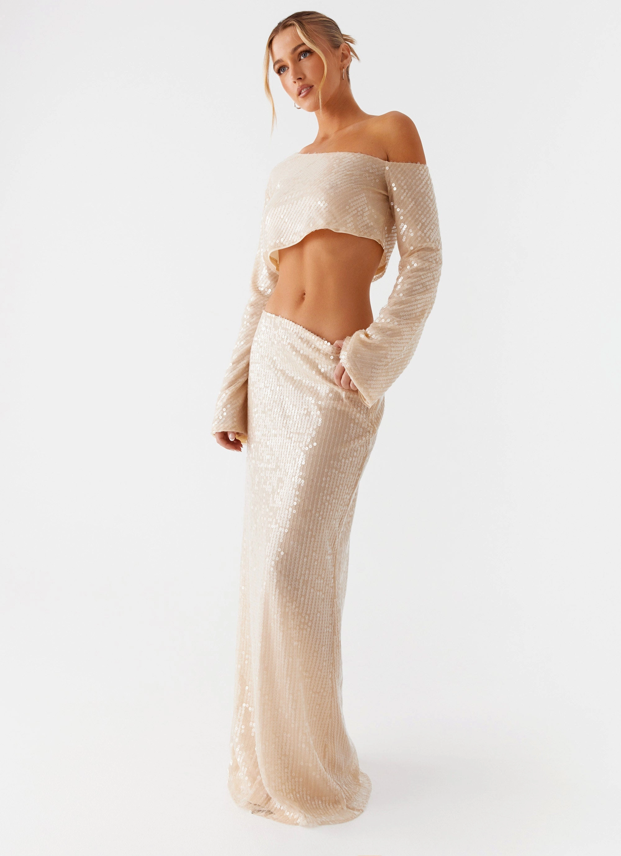 Wisteria Low Rise Sequin Maxi Skirt - Champagne Farm Scene