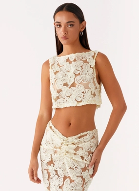 Sleek and Flattering Mesh-Detail Fiorella Floret Top - Yellow