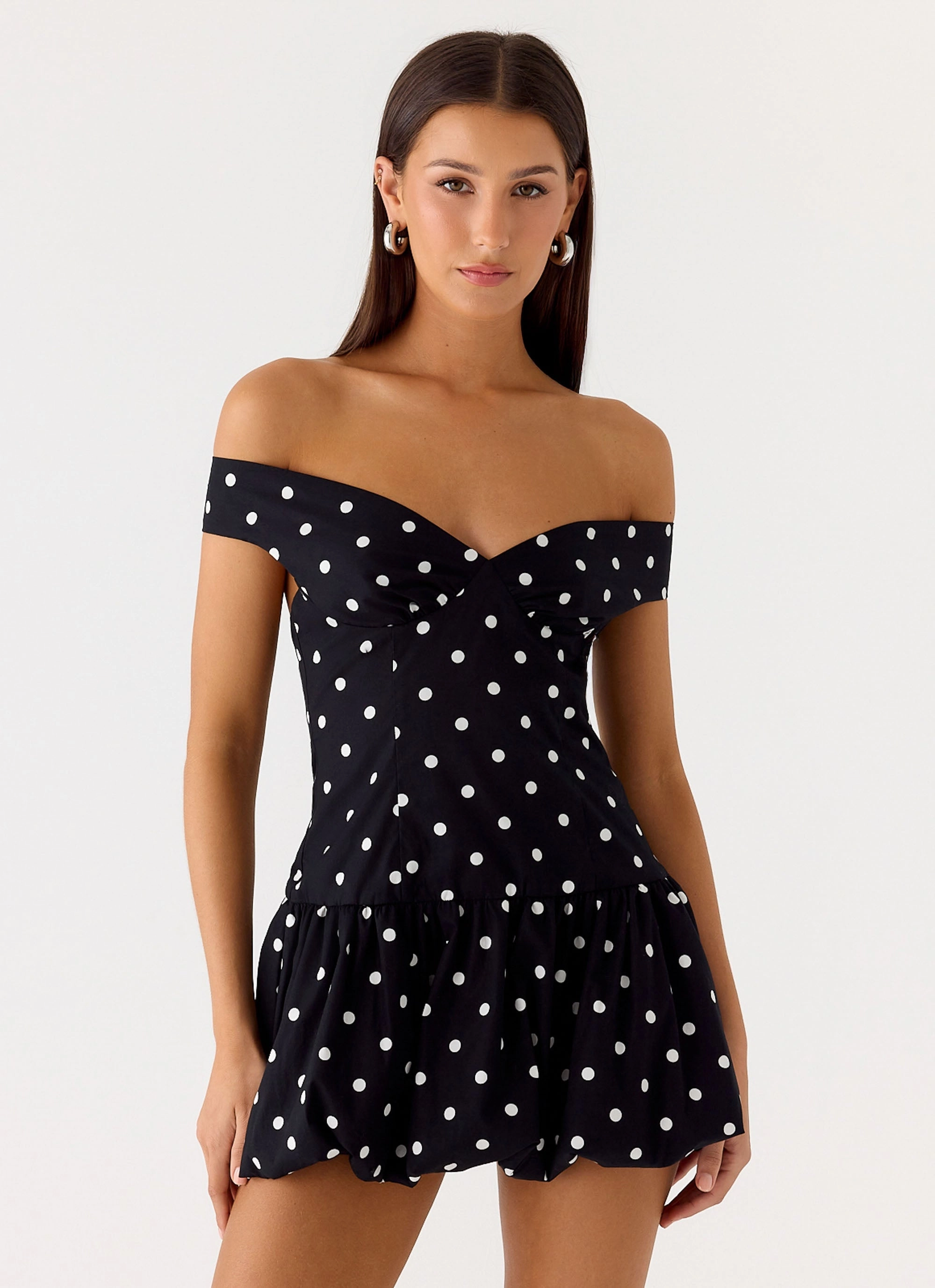 Smooth-Lining Endless Romance Off Shoulder Mini Dress - Black Polkadot