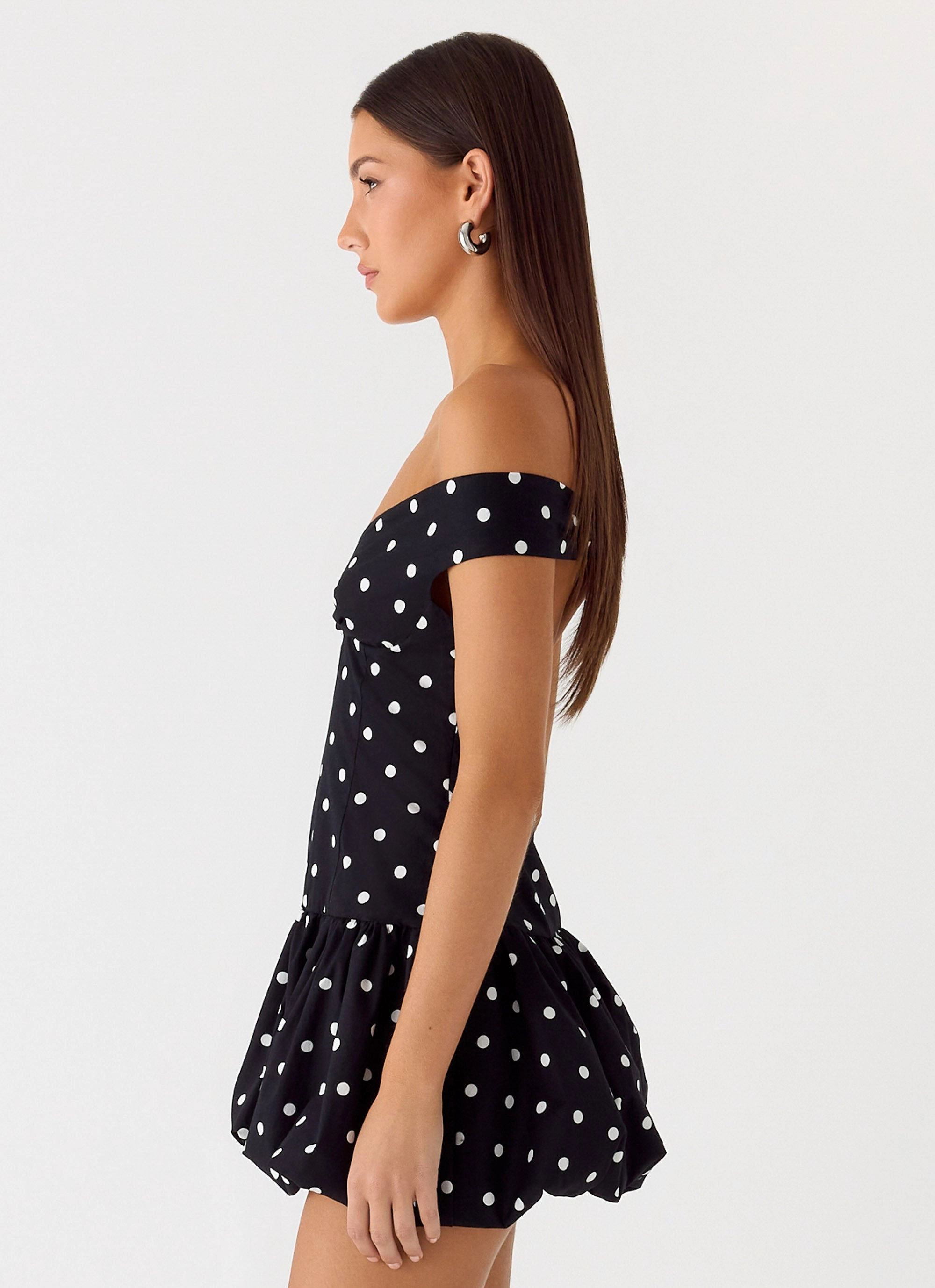 Perfect Shape Mood Focused Endless Romance Off Shoulder Mini Dress - Black Polkadot