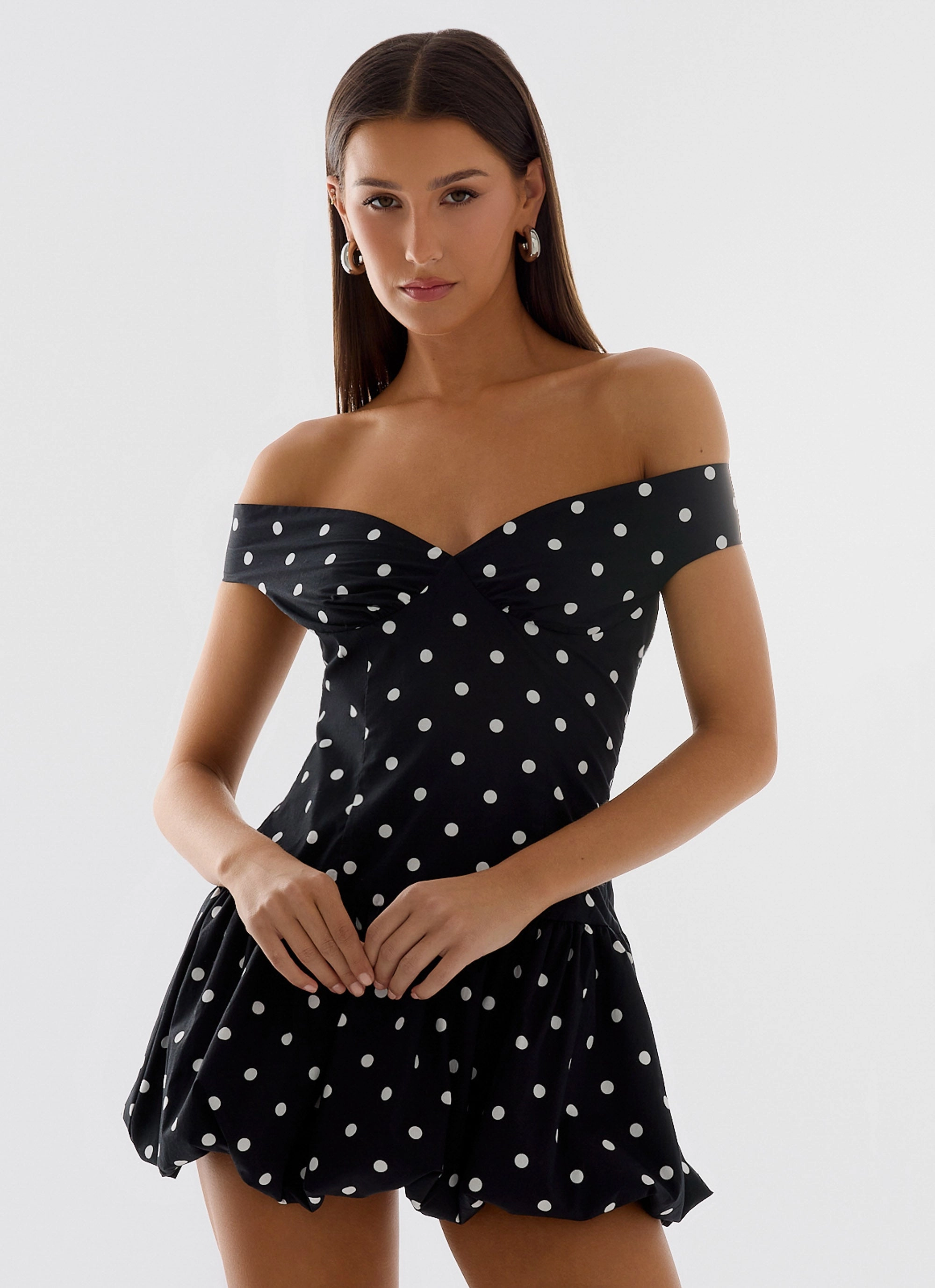 Endless Romance Off Shoulder Mini Dress - Black Polkadot Semi Sheer
