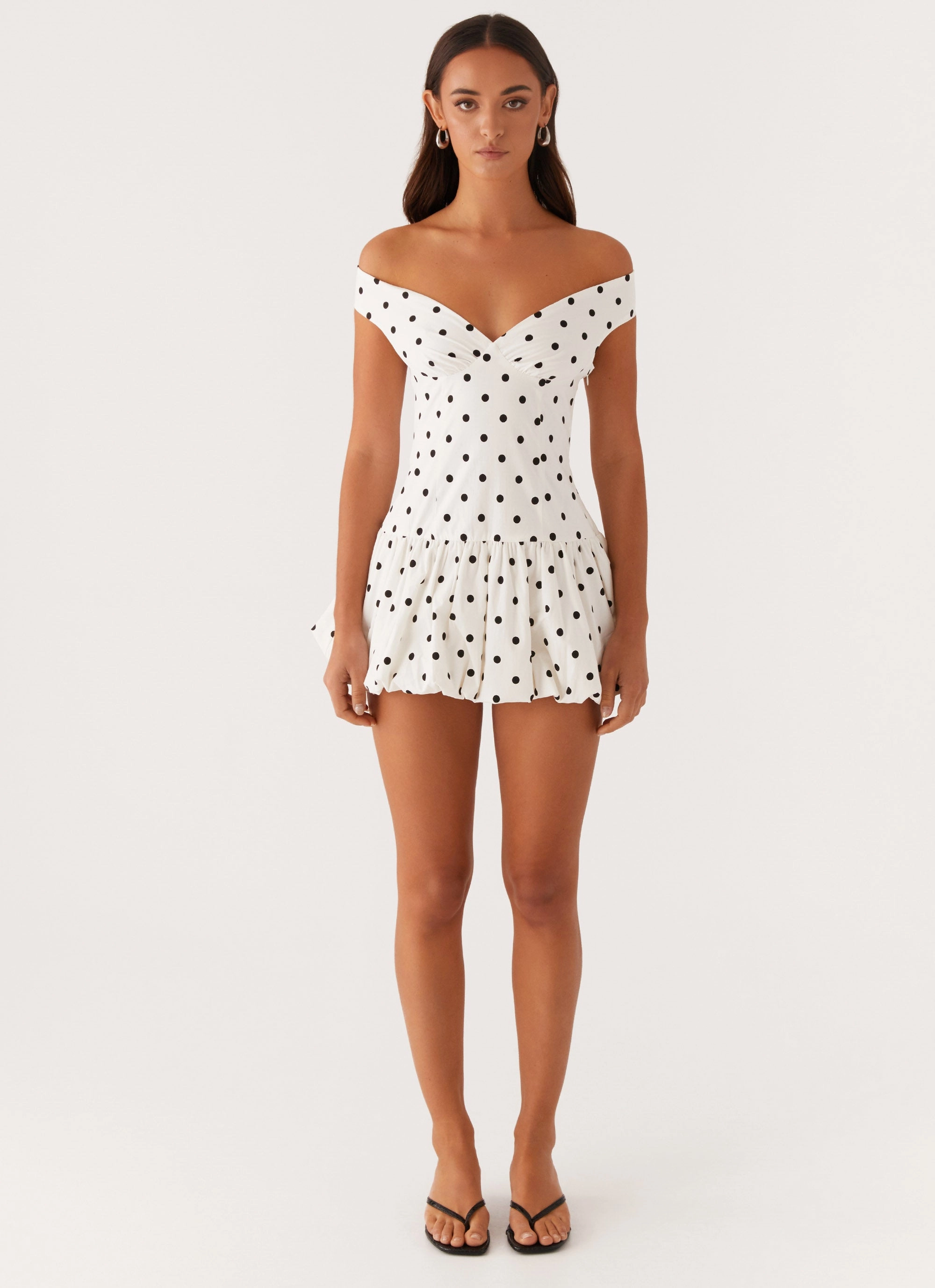 Endless Romance Off Shoulder Mini Dress - White Polka Dot City Style Clean Chic