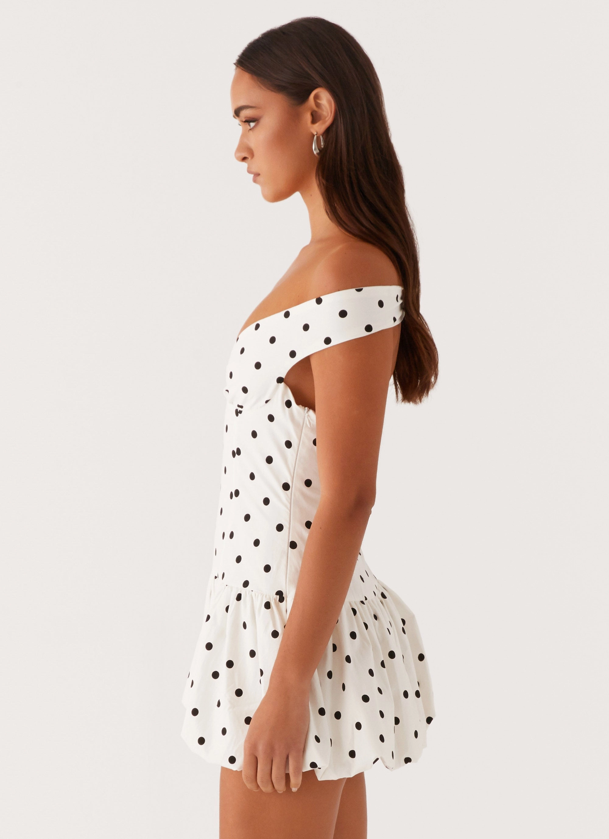 Classic Movement Endless Romance Off Shoulder Mini Dress - White Polka Dot