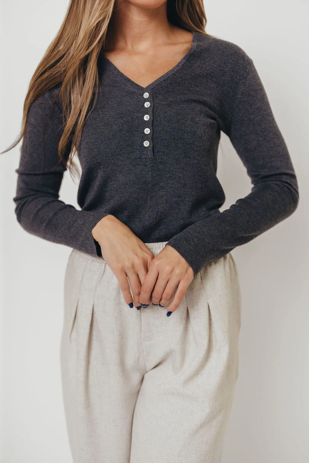 Circular Knit No Season Whittier V-Neck Button Closure Knit Top in Grey