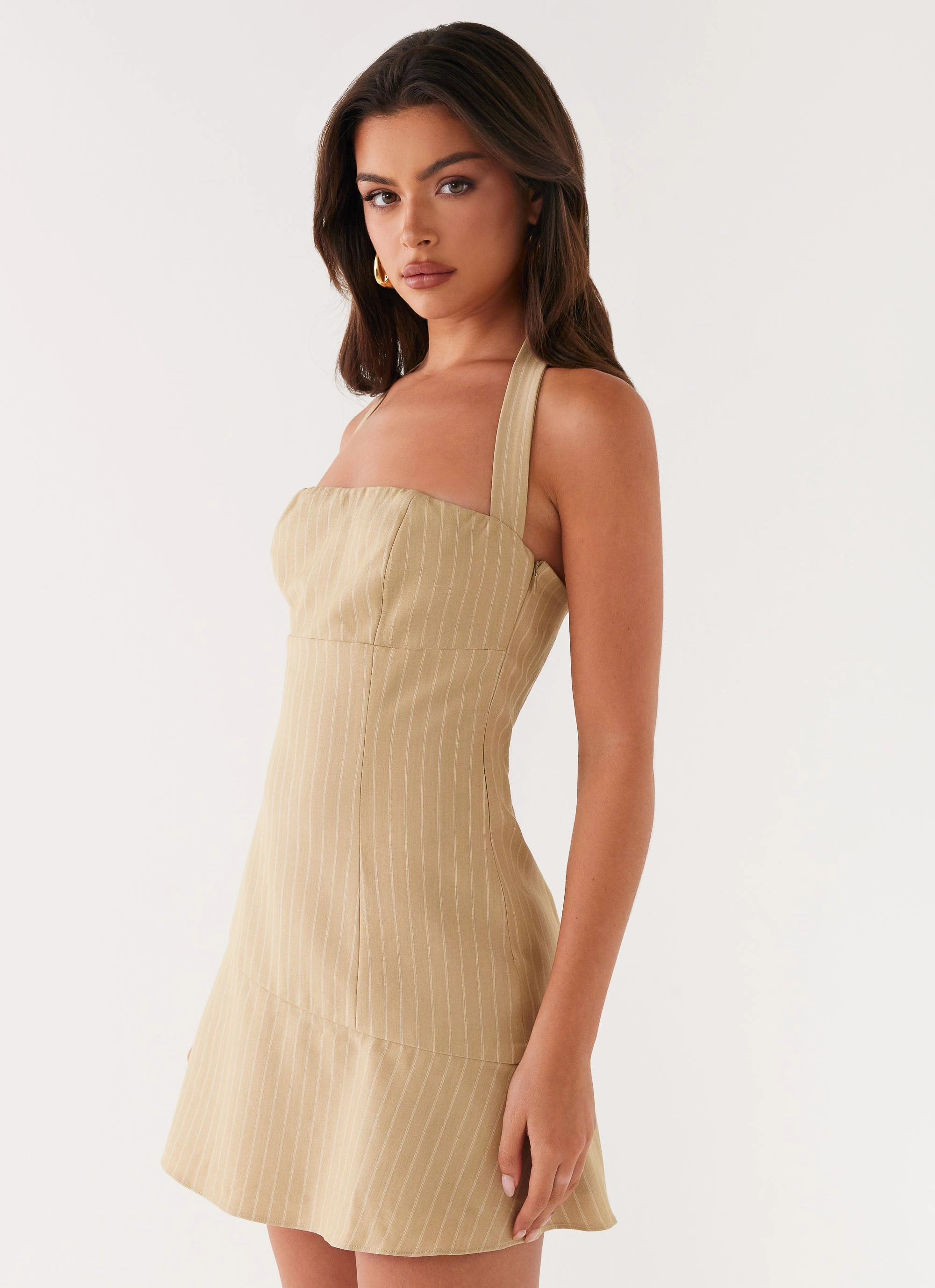 Elegant Layering Erica Mini Dress - Beige Stripe