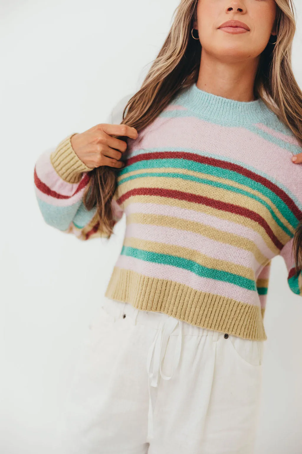 Bonded Seam Reinforcement Miranda Colorful Stripe Knit Sweater in Mint Multi