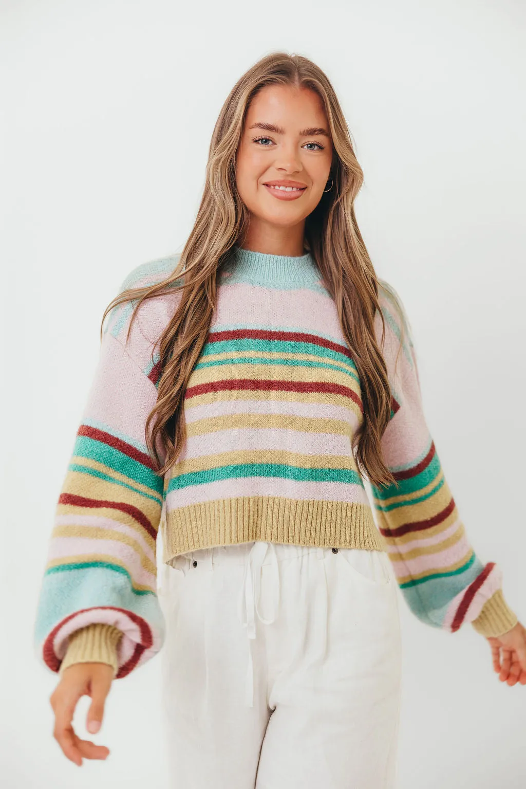 Miranda Colorful Stripe Knit Sweater in Mint Multi luxe feel