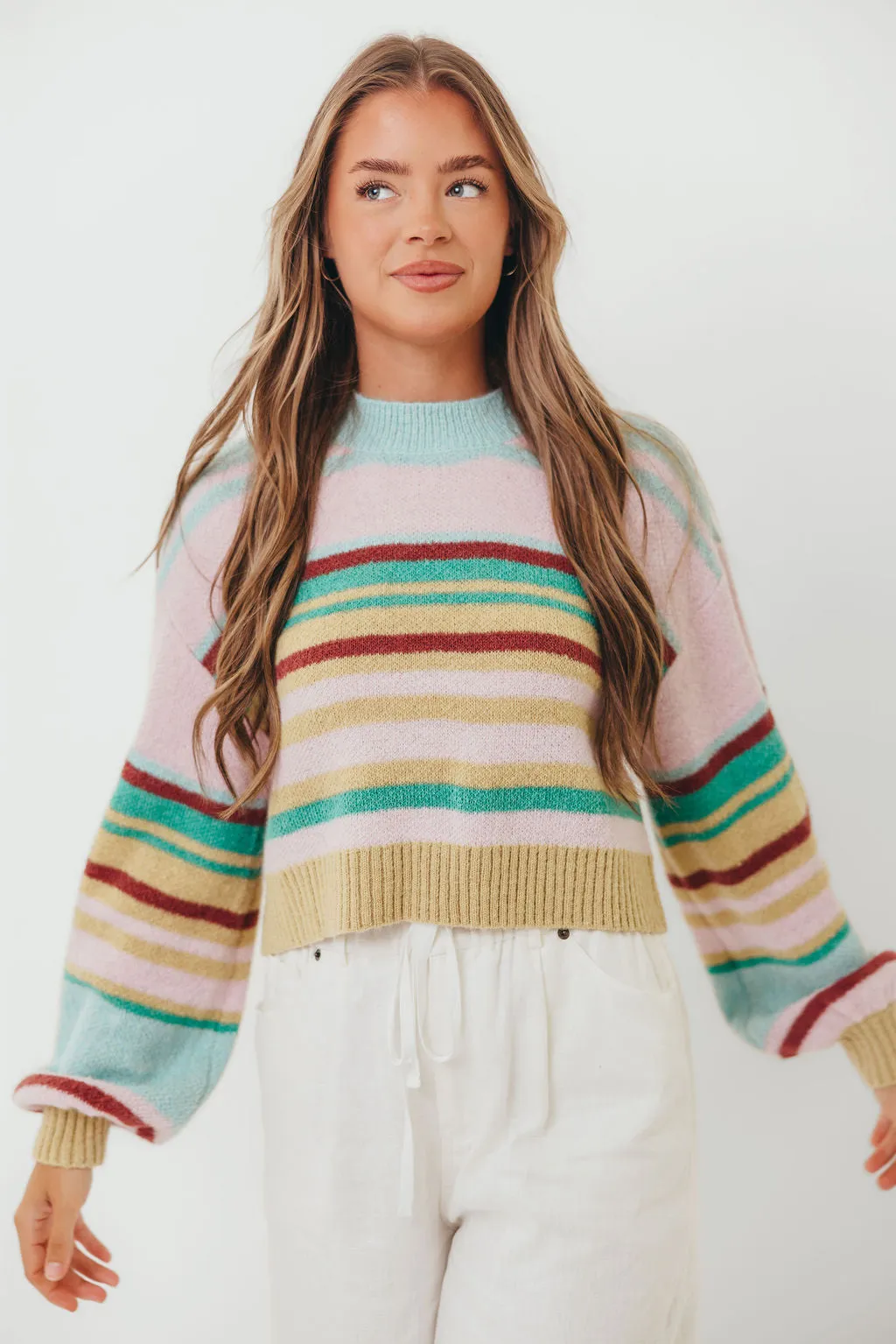 Office Trend Miranda Colorful Stripe Knit Sweater in Mint Multi