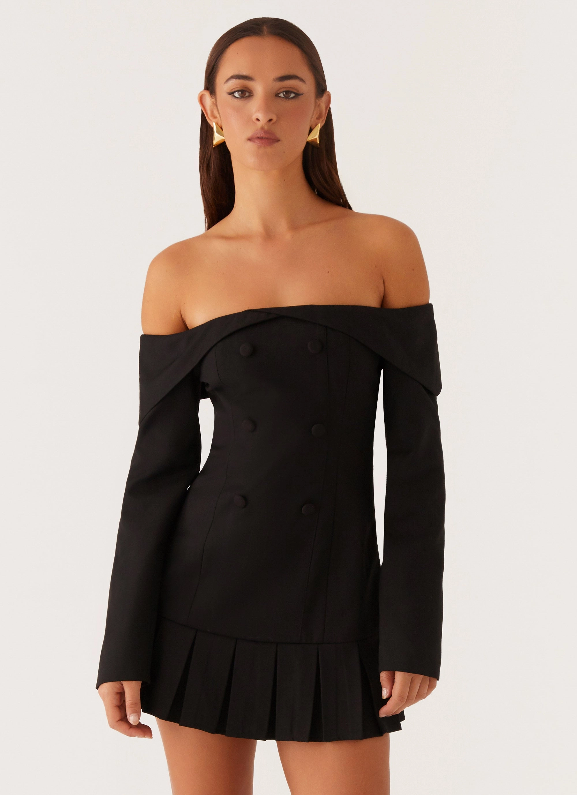 Ruffle Hem Tarlisha Off Shoulder Long Sleeve Mini Dress - Black