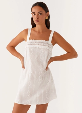 Calla Broderie Mini Dress - White Fitted Design Wide Hemline