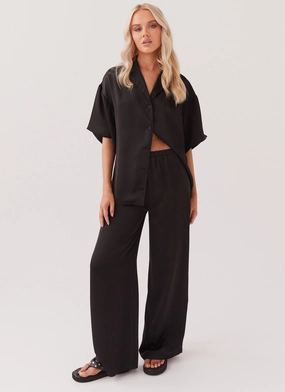 Palm Cove Satin Pants - Black Comfy and Elegant Lace Detail