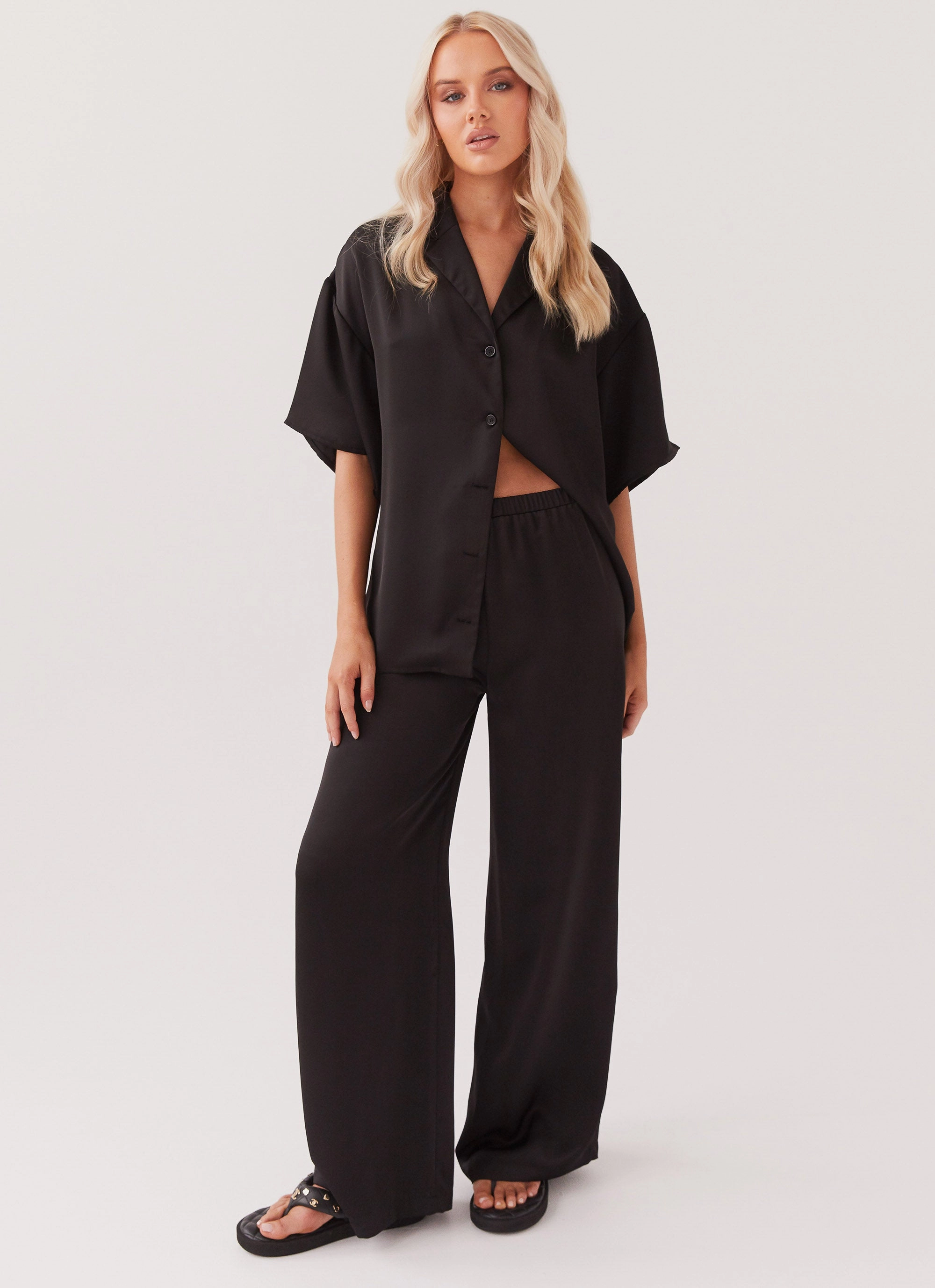 Palm Cove Satin Pants - Black Comfy and Elegant Lace Detail