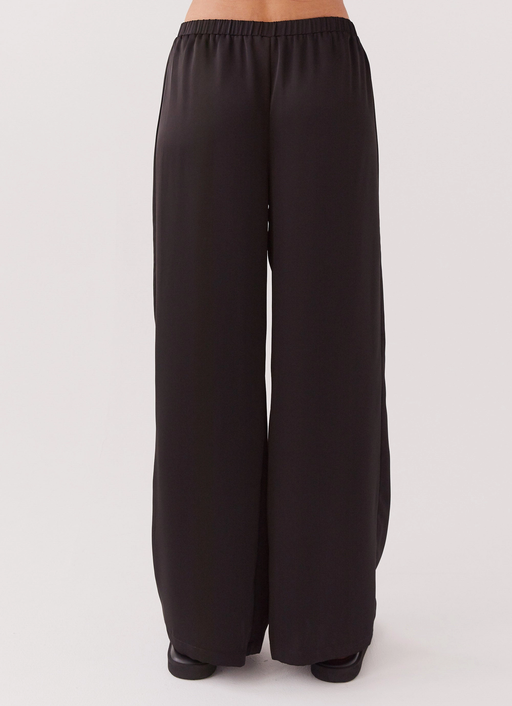 Palm Cove Satin Pants - Black Flowing Lines