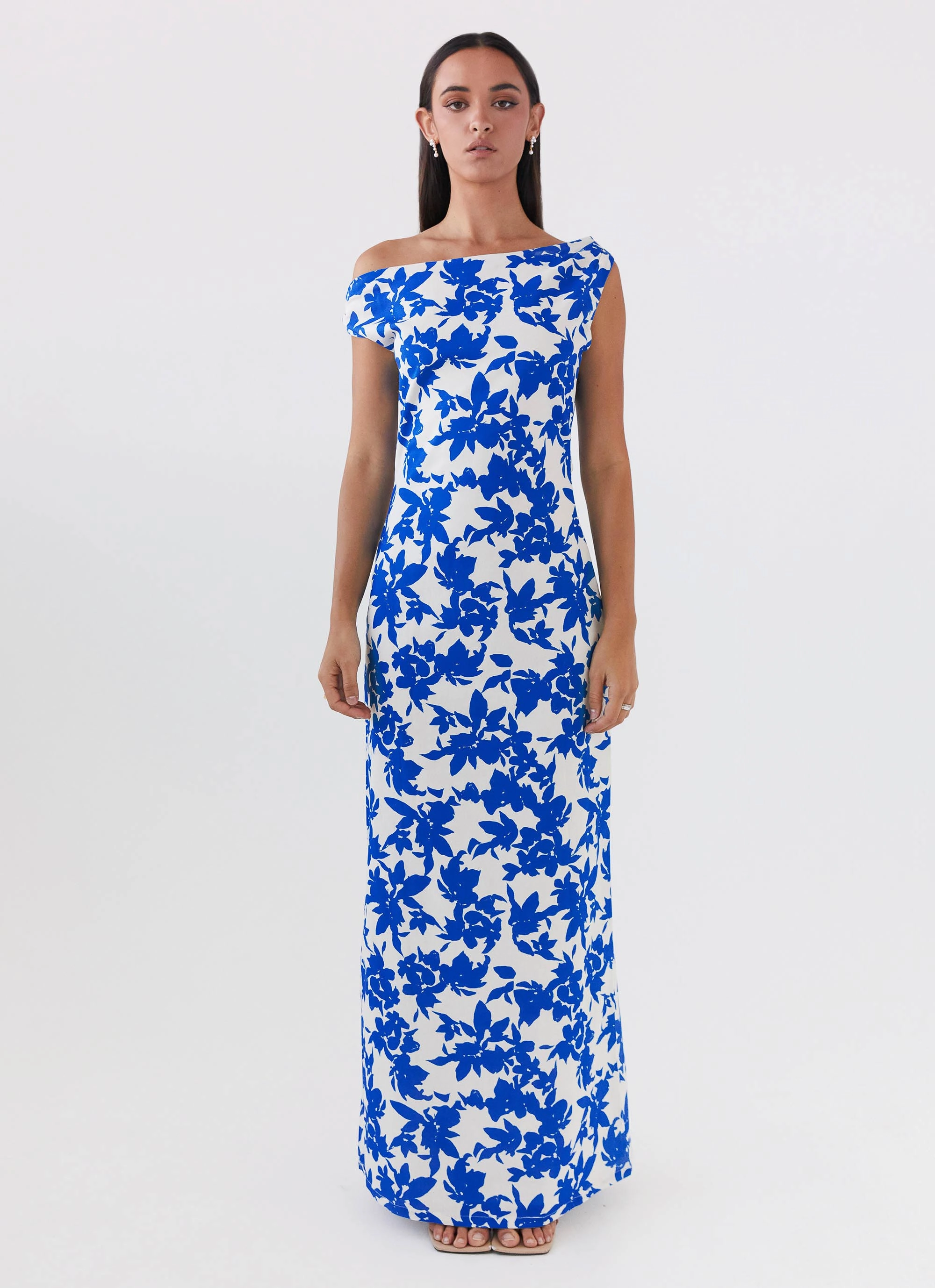 Pyper Off Shoulder Maxi Dress - Blue Floral Luxurious Texture