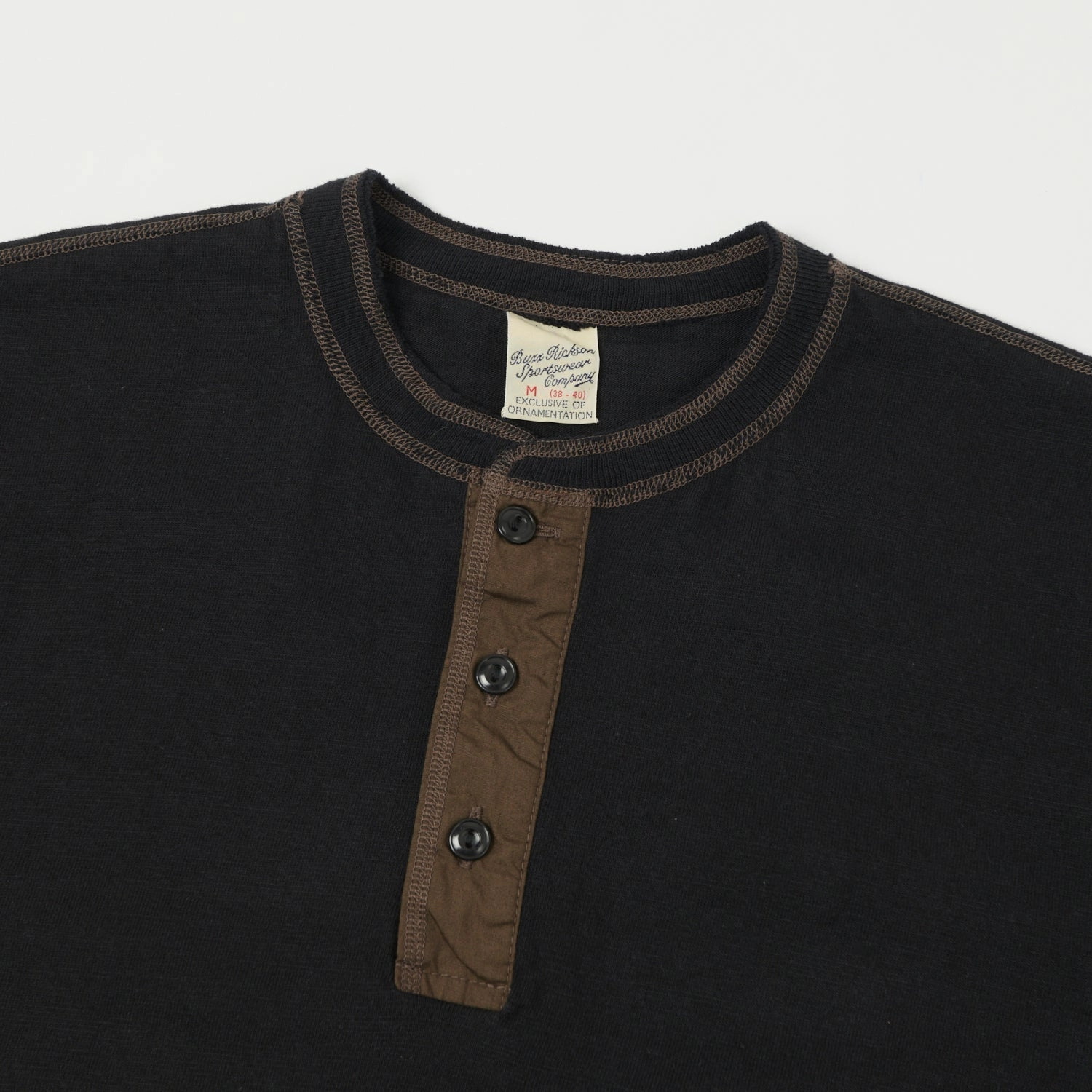 Buzz Rickson's Slub Henley T-Shirt - Black Fade Resistant Dye Layered Collar Structure