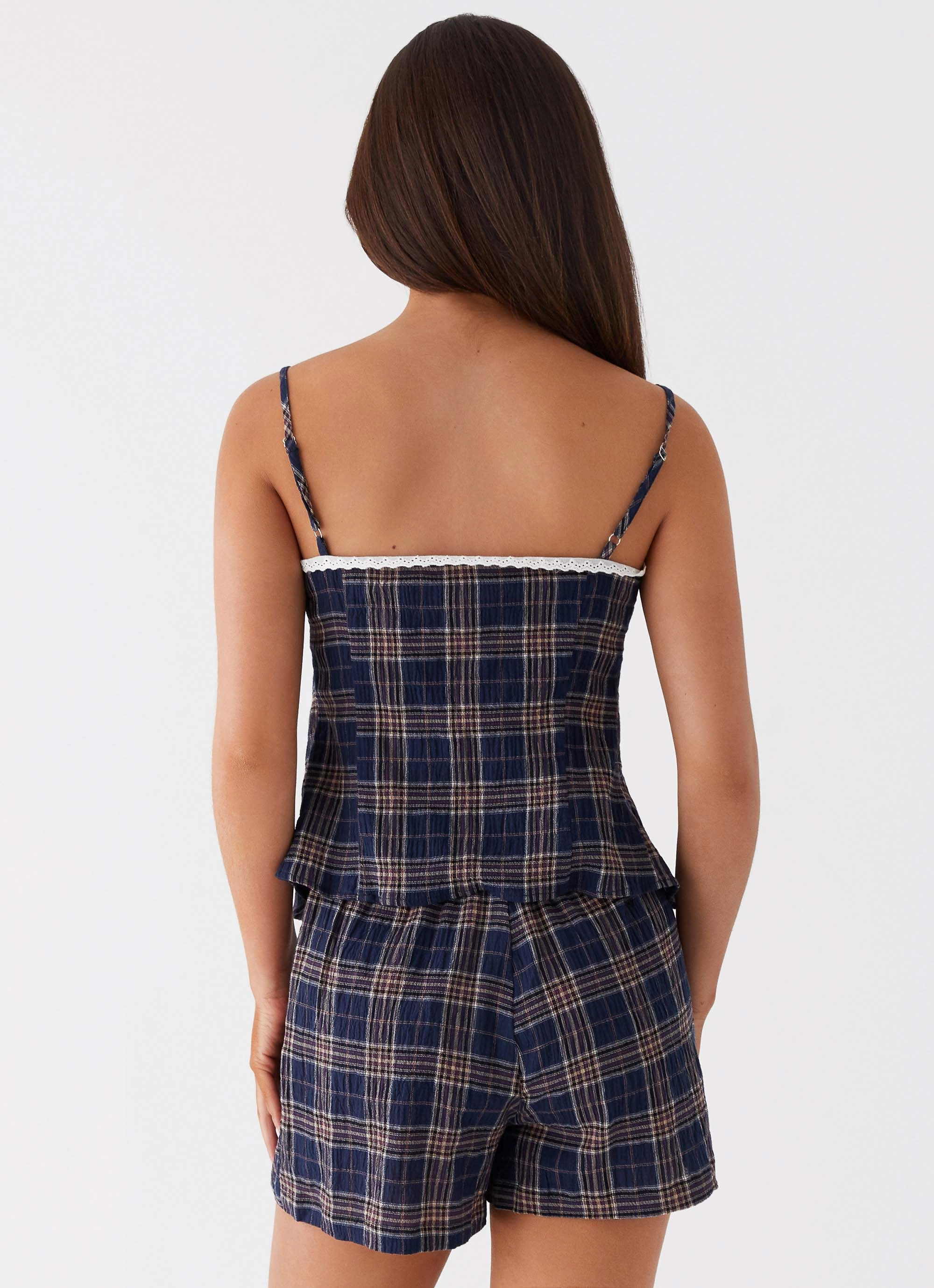 Tamaira Tie Top - Navy Check Seasonal Essential Empire Waist