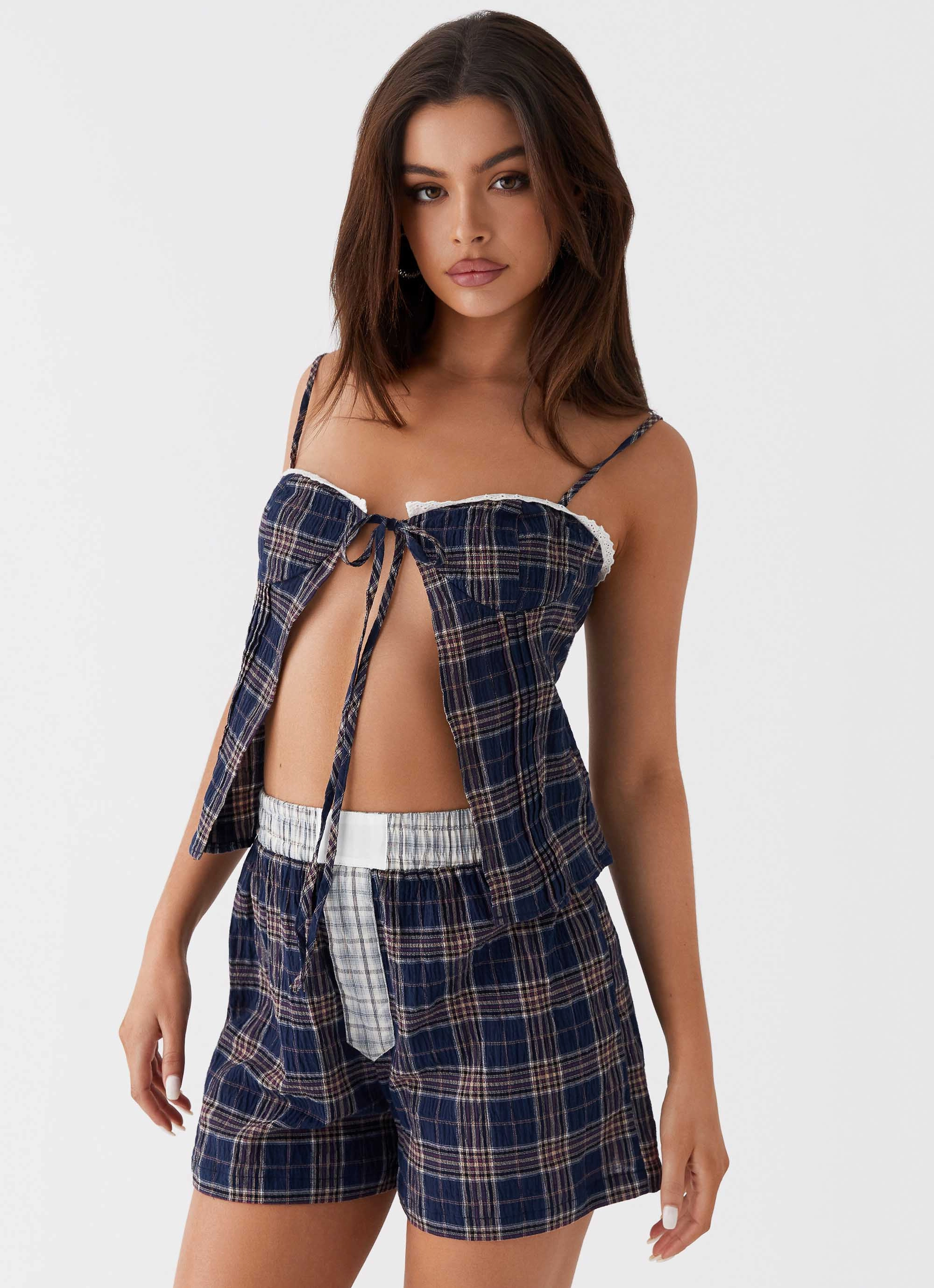 Urban Ready Tamaira Tie Top - Navy Check