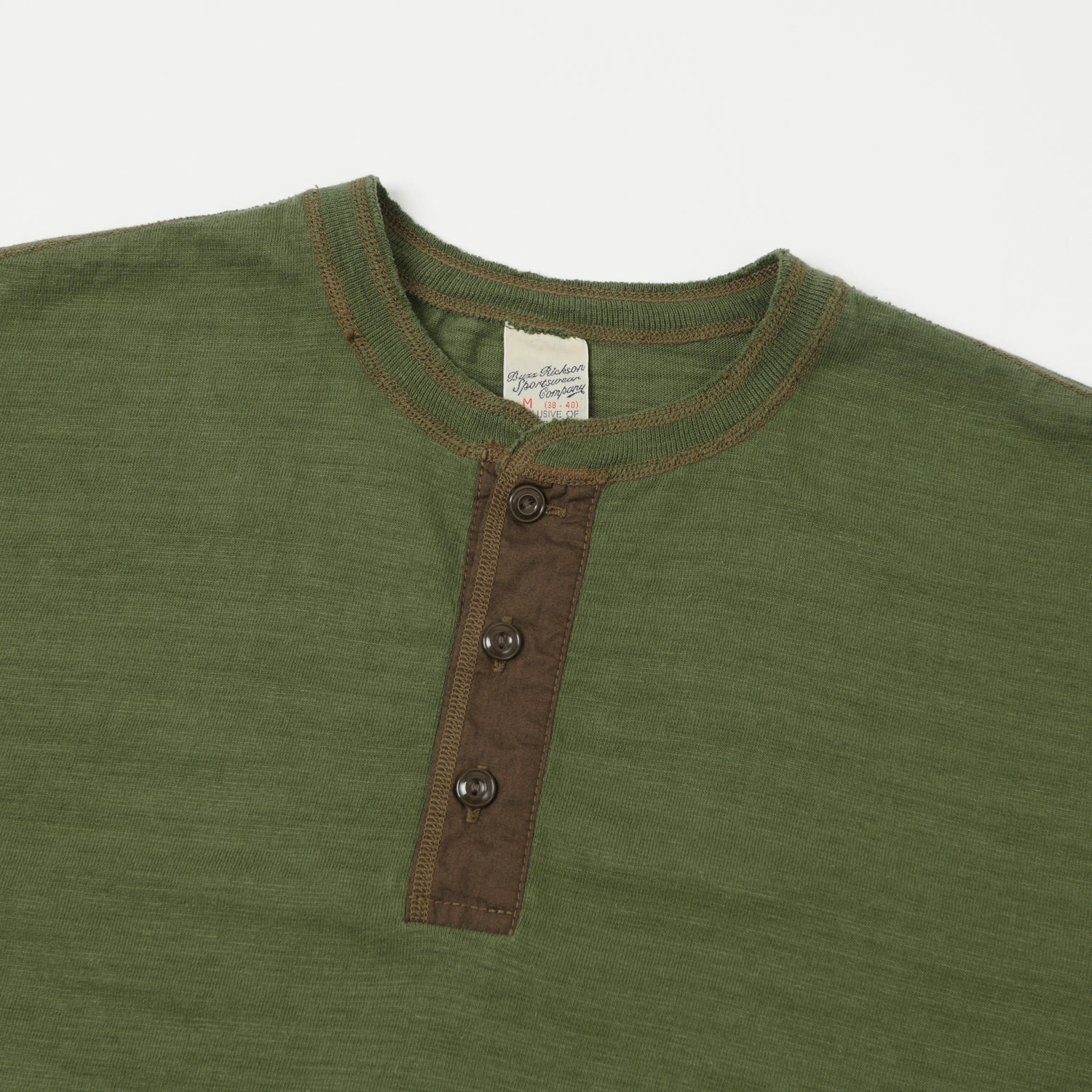 Buzz Rickson's Slub Henley T-Shirt - Olive MoistureWickingFabric Fade Resistant Coating