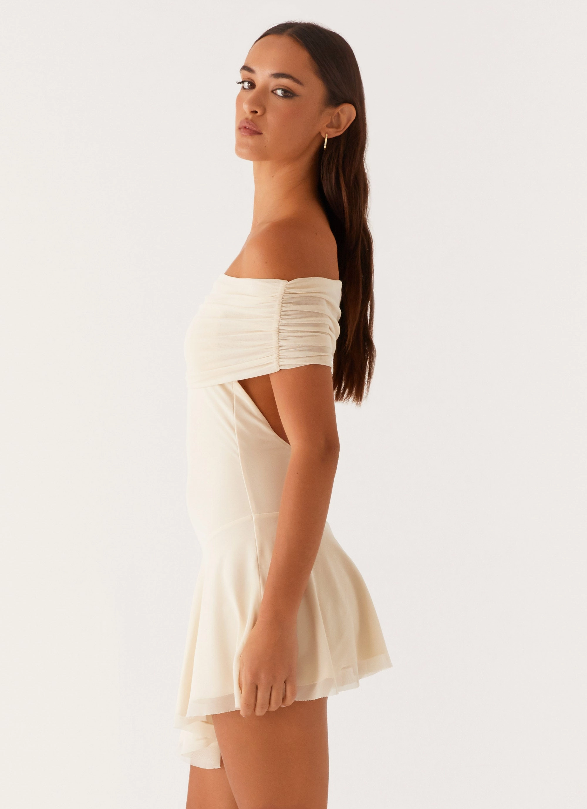 Finola Off Shoulder Mini Dress - Pastel Yellow Date Vibe Ruffle Hem