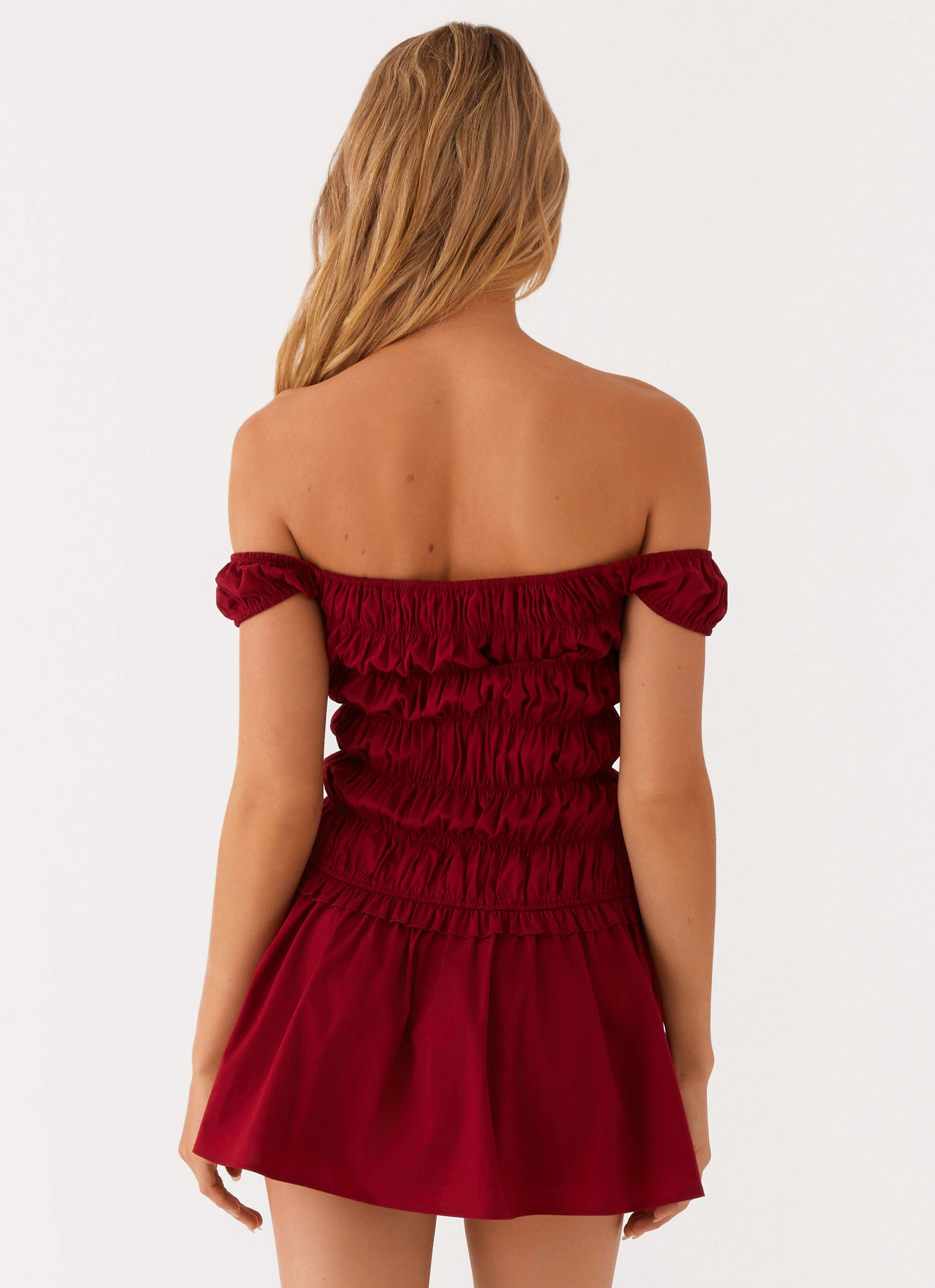 Bold Color Feminine empire waist dress Countryside Off Shoulder Mini Dress - Deep Red