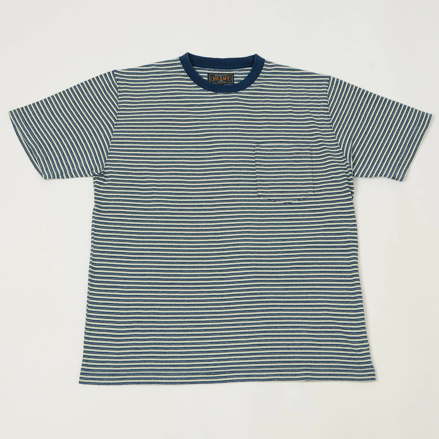 Soft Fabric Vintage Wash Beams Plus Stripe Pocket T-Shirt - Indigo/Off White