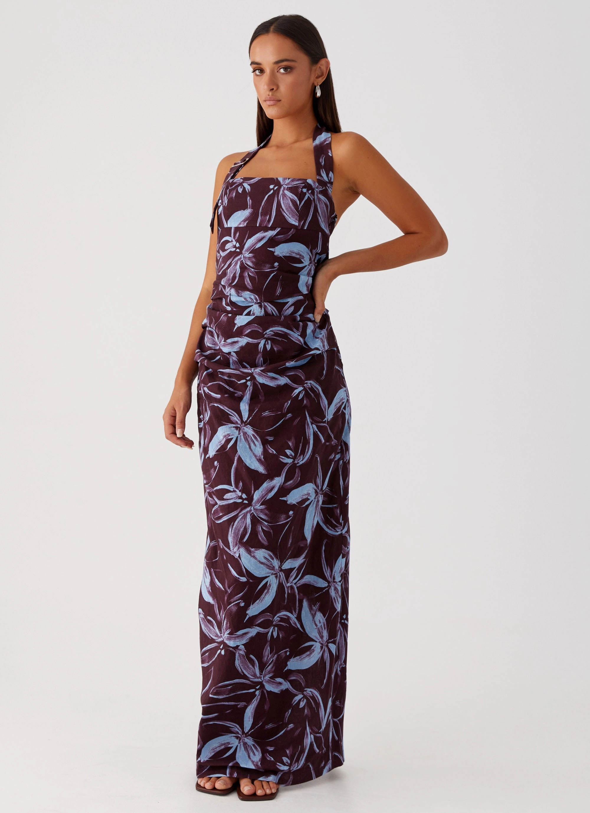 Fauna Halter Maxi Dress - Brown Purple Floral Sophisticated Appeal