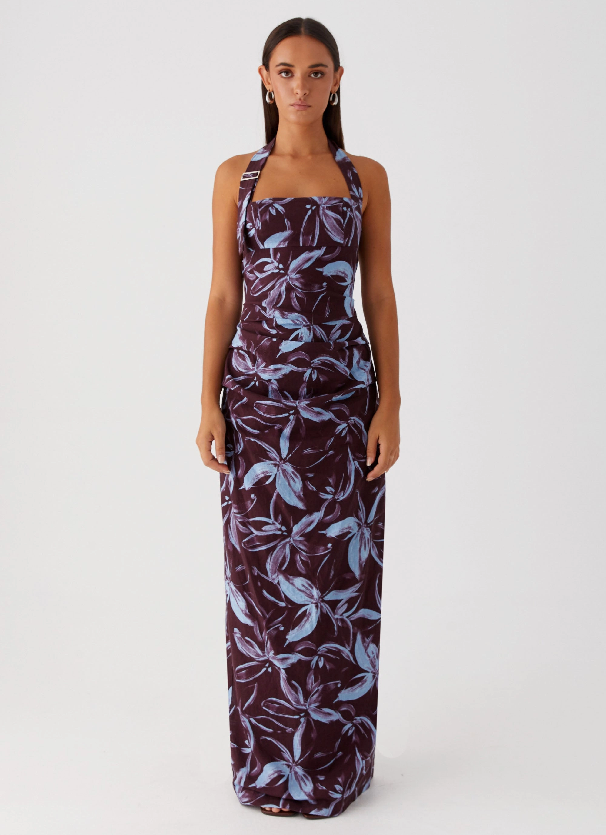 Urban Chic Fauna Halter Maxi Dress - Brown Purple Floral