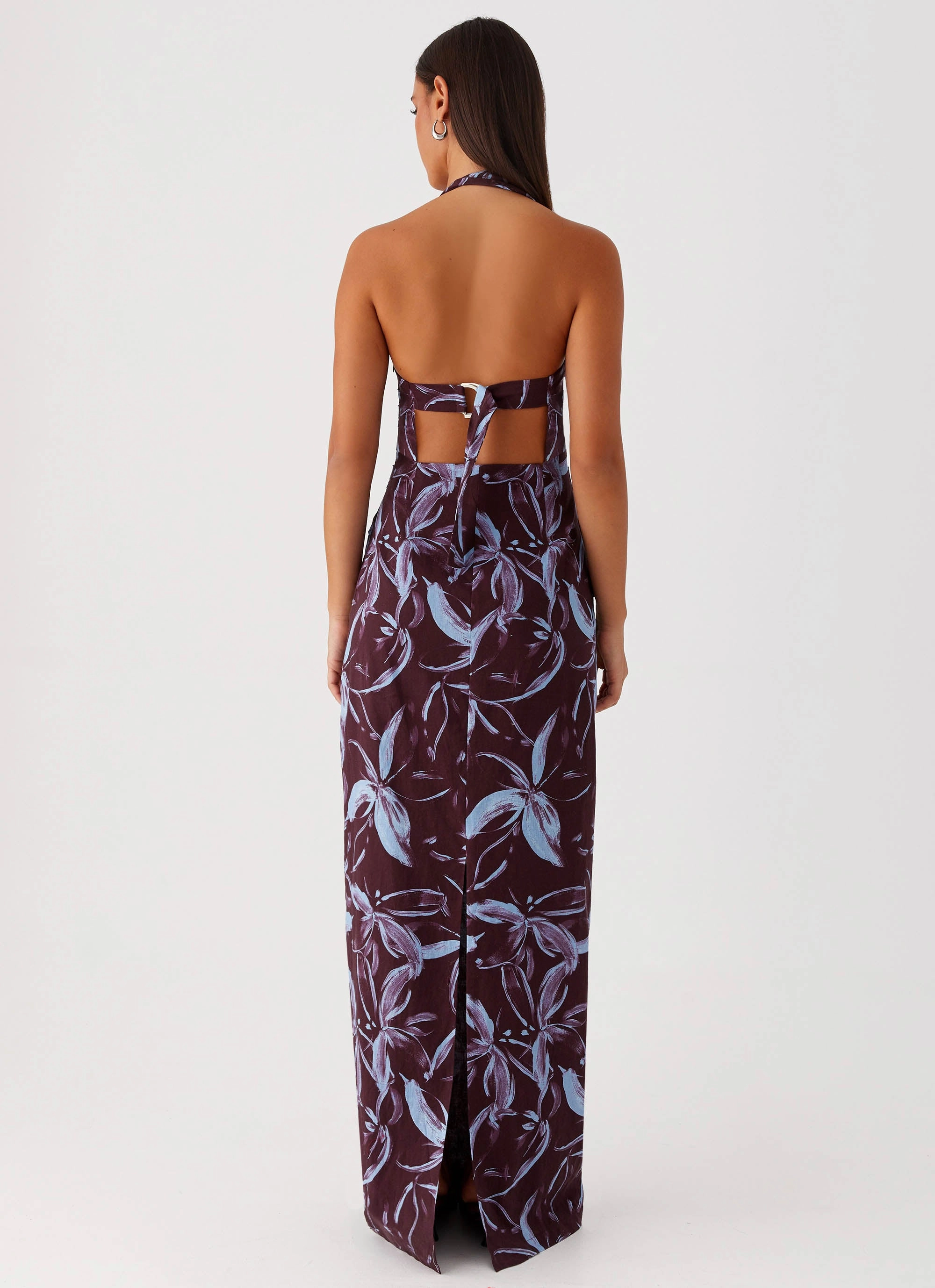 Knit Warm Tailored Fit Fauna Halter Maxi Dress - Brown Purple Floral