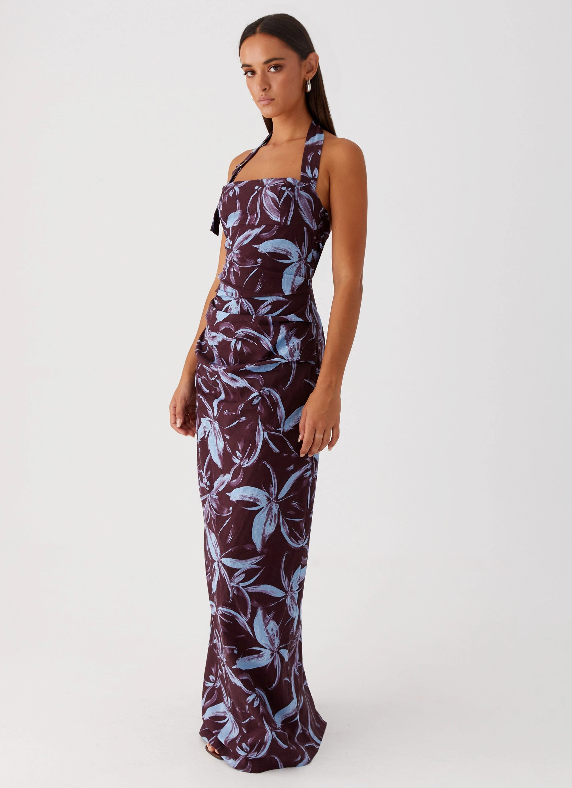 Fauna Halter Maxi Dress - Brown Purple Floral Formal Style Chill Vibes