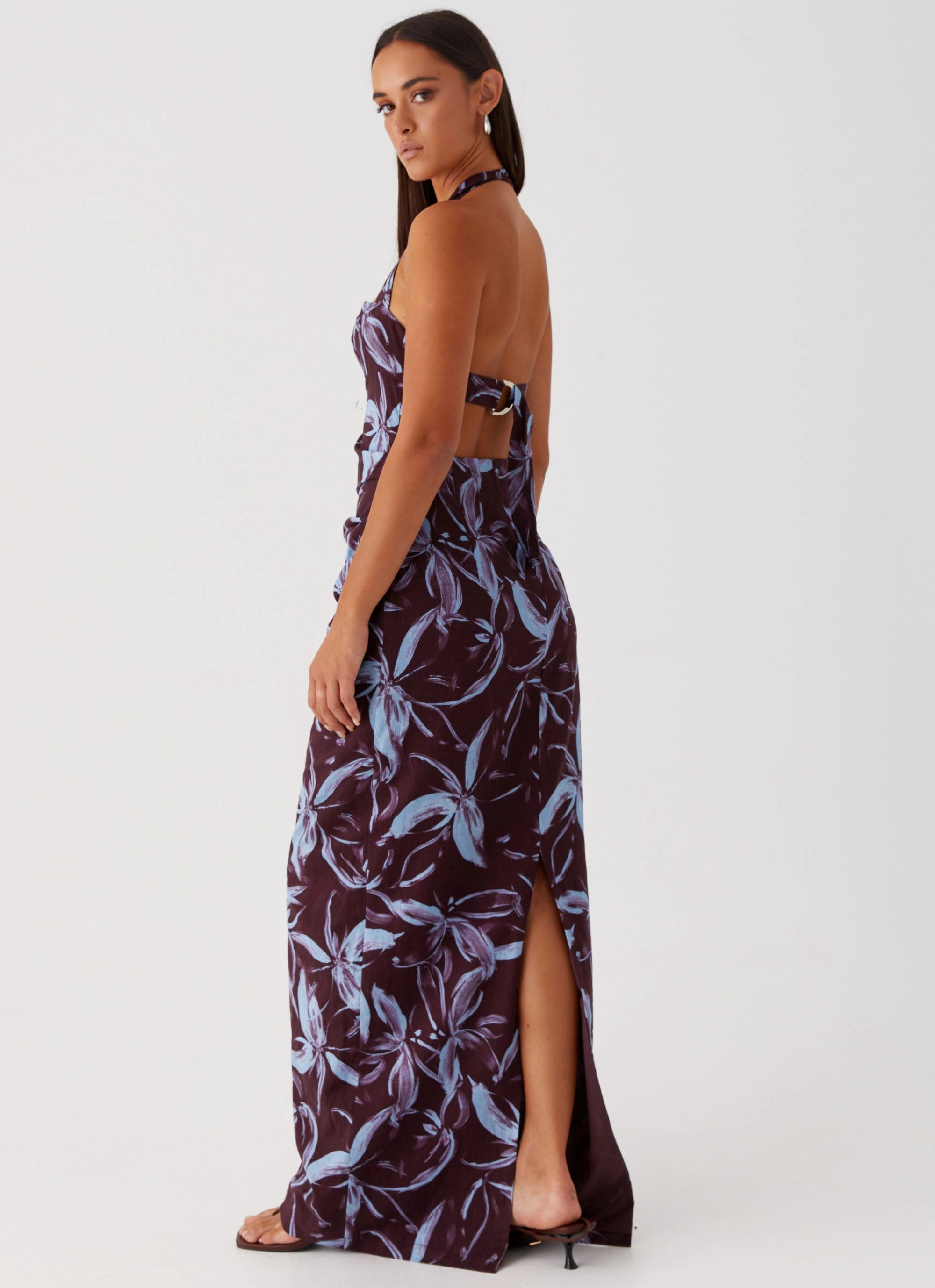 Chilly Weather Comfort Stylish Appearance Fauna Halter Maxi Dress - Brown Purple Floral