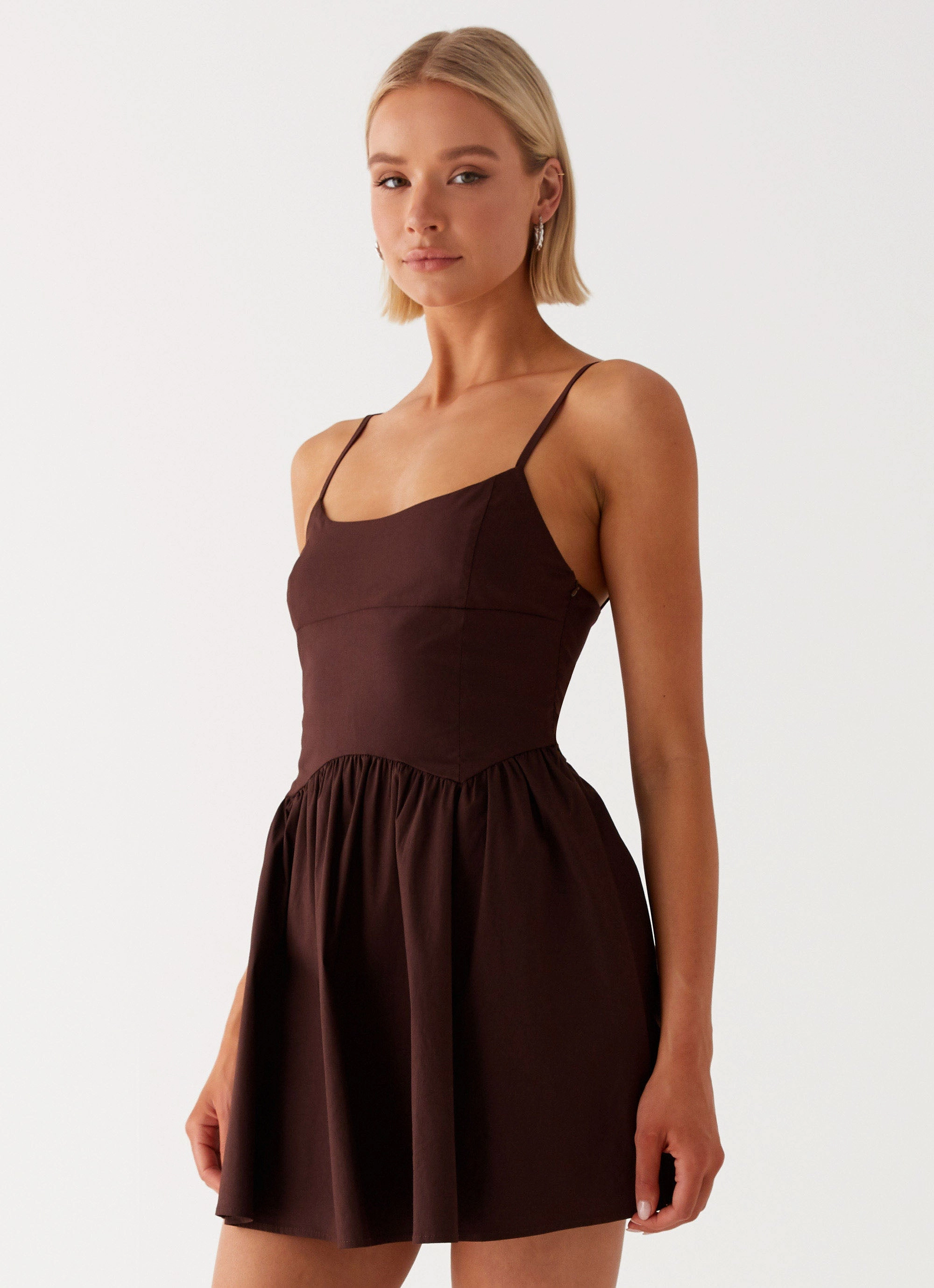 Refined Aesthetic Pleated-Texture Tesoro Mio Mini Dress - Chocolate