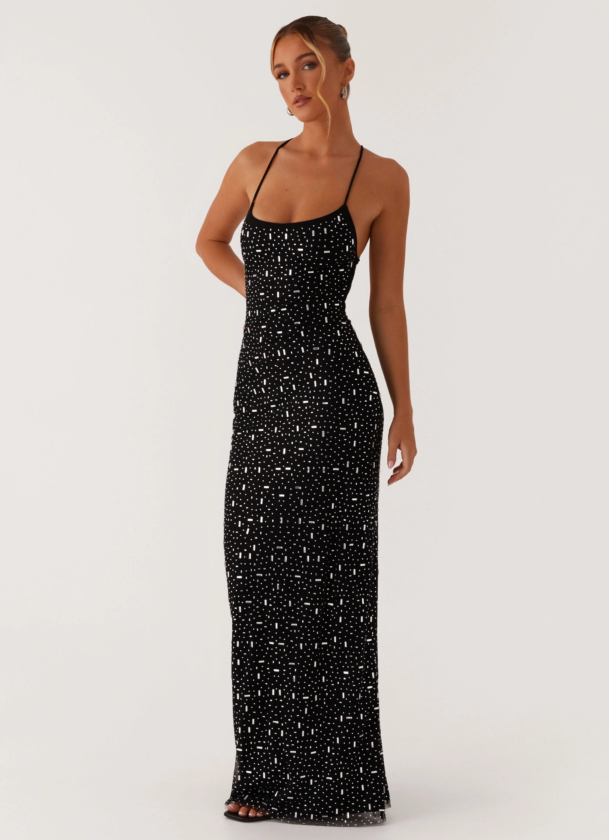 Unique Print Lounge Vibes Cressida Rhinestone Mesh Maxi Dress - Black
