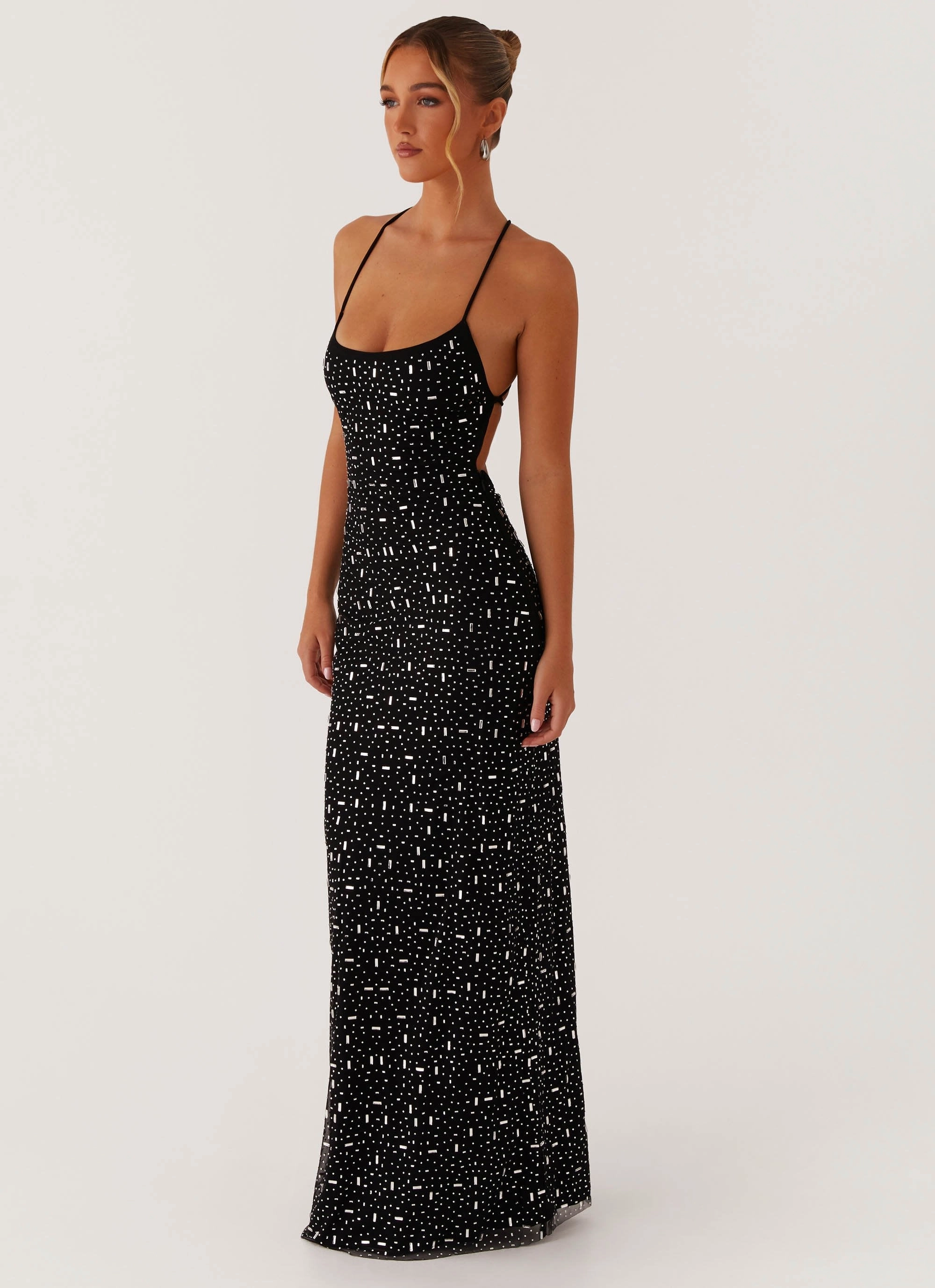 Cressida Rhinestone Mesh Maxi Dress - Black Day Chic Resort Ready