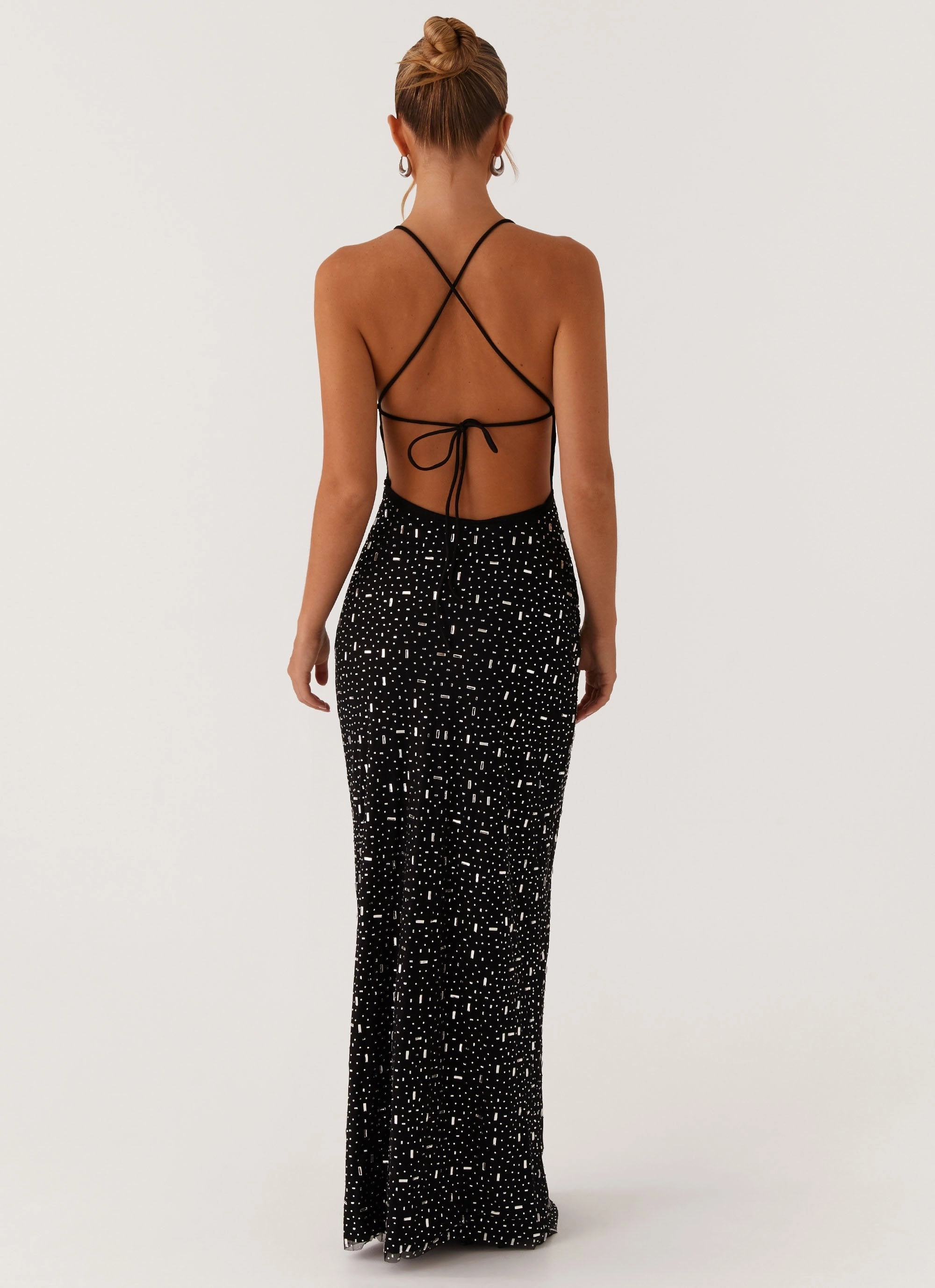 Cressida Rhinestone Mesh Maxi Dress - Black Calm Lines