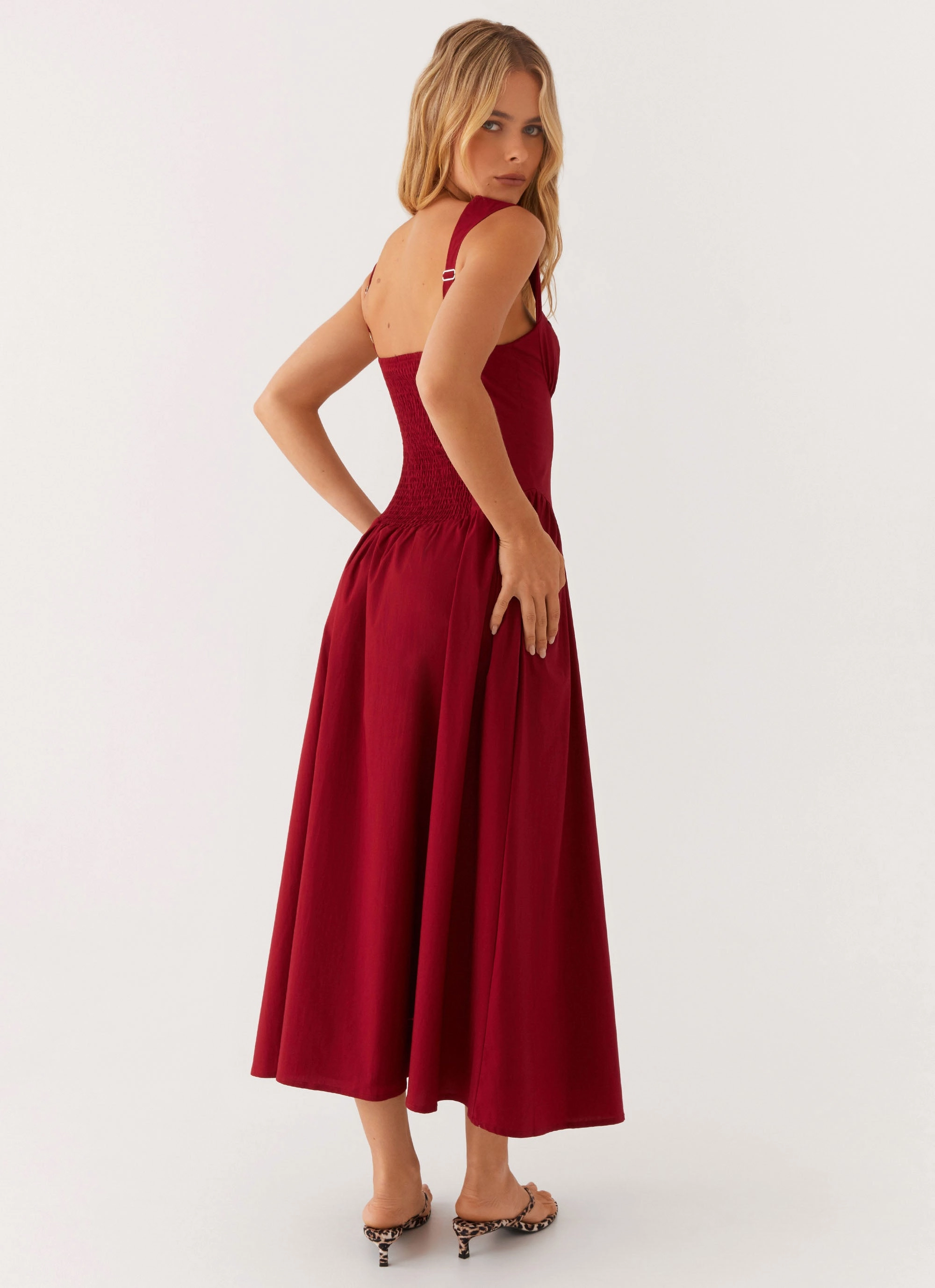 Emmalina Midi Dress - Deep Red Side-Slit