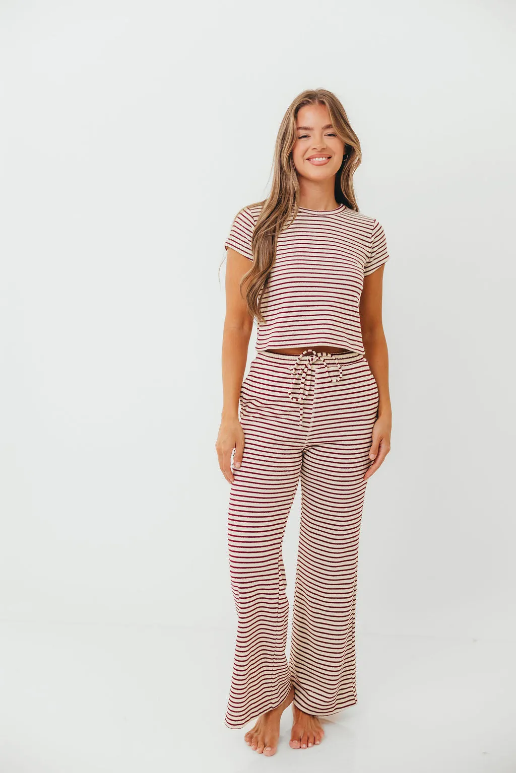 Fresh Style Find Your Soft Striped Flare Top and Pants Set in Cream Burgundy